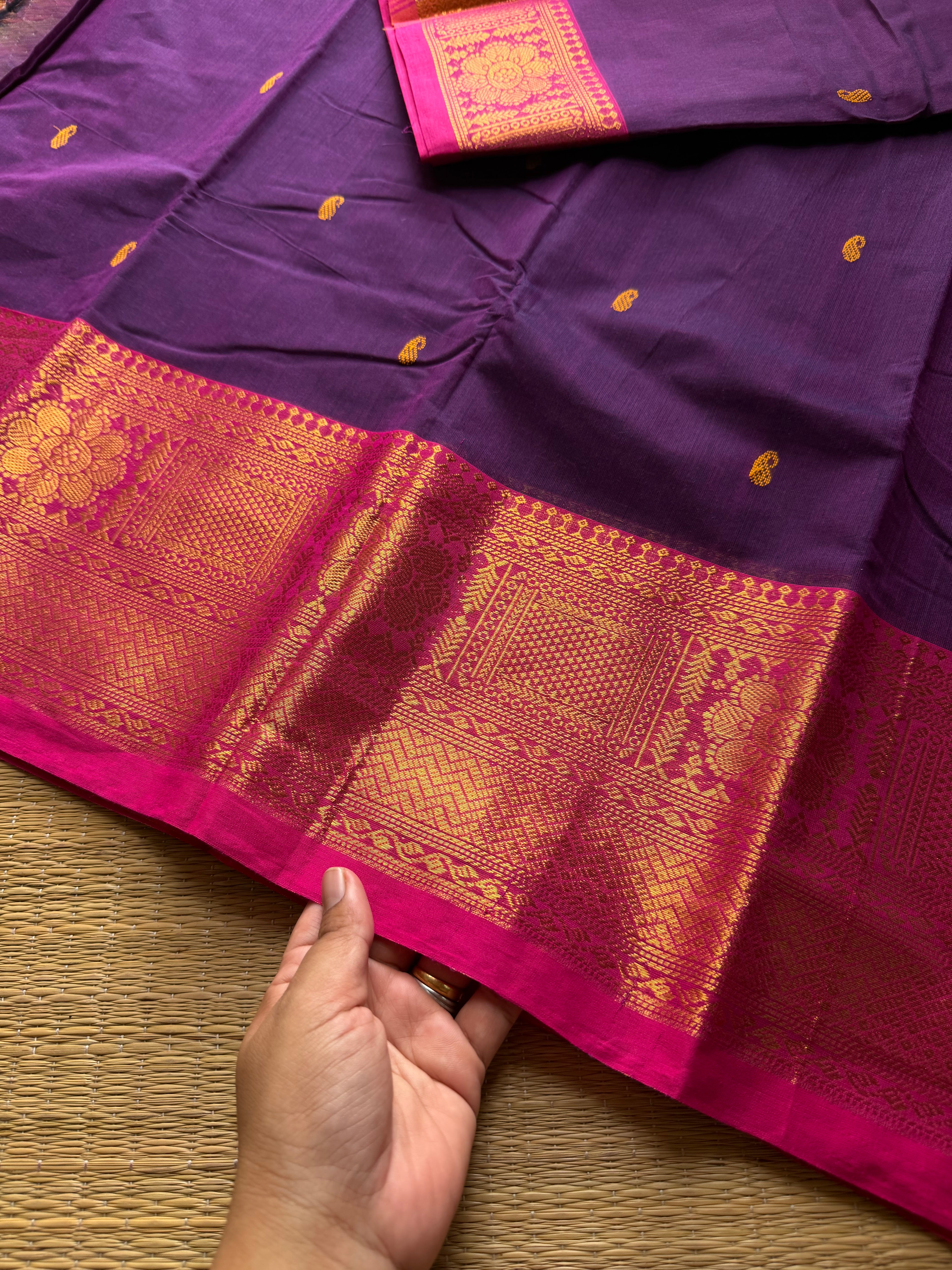RF549 Purple shade Kanchi cotton saree with handmade thread buttas
