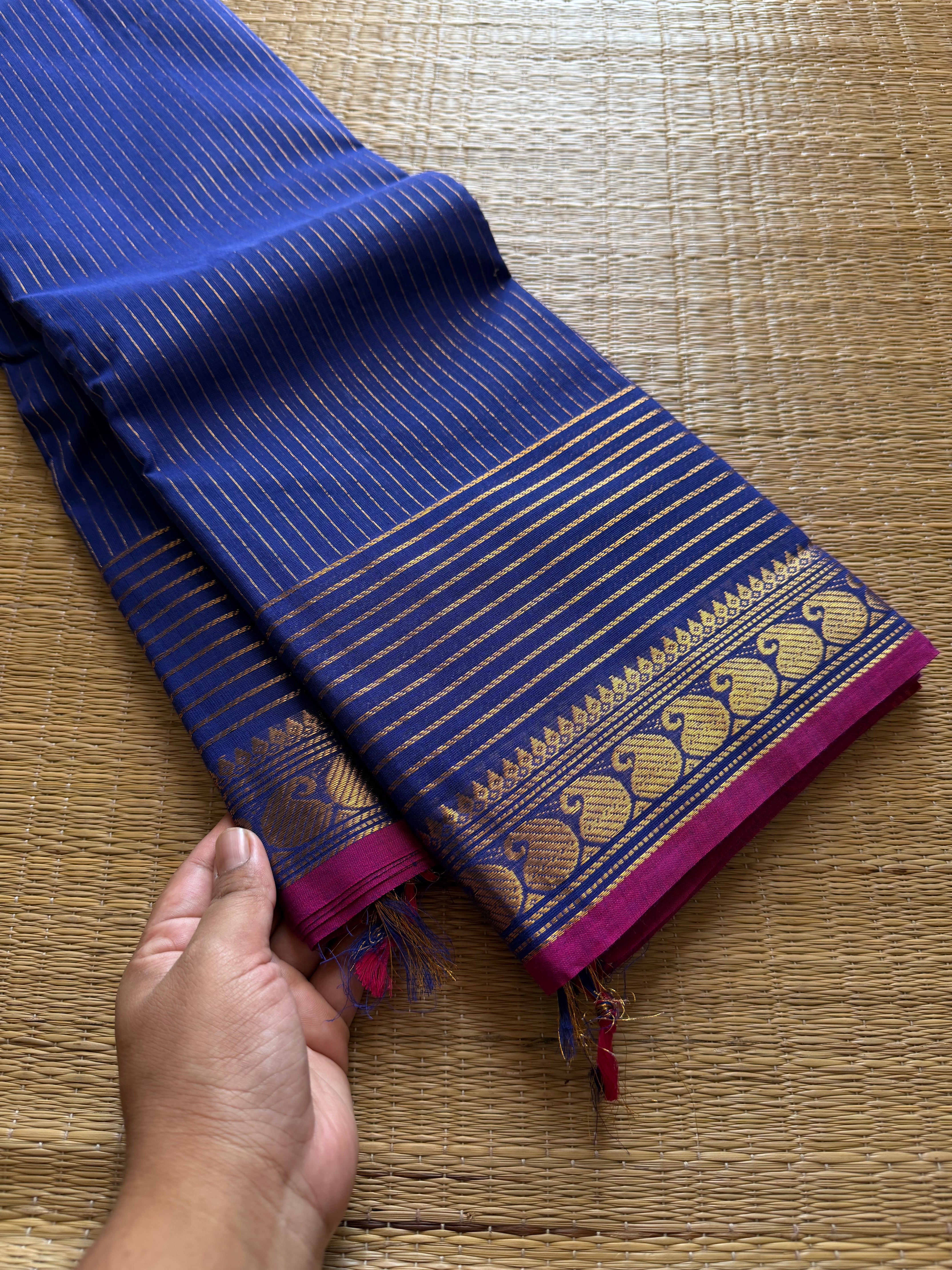 RF355 Royal Blue Shade Vaira Oosi Kanchi Cotton Saree With Small Contrast Mango Border