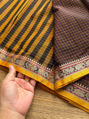 Brown shade Mercerised Narayanpet cotton saree with small border & Kattam / checks pattern saree
