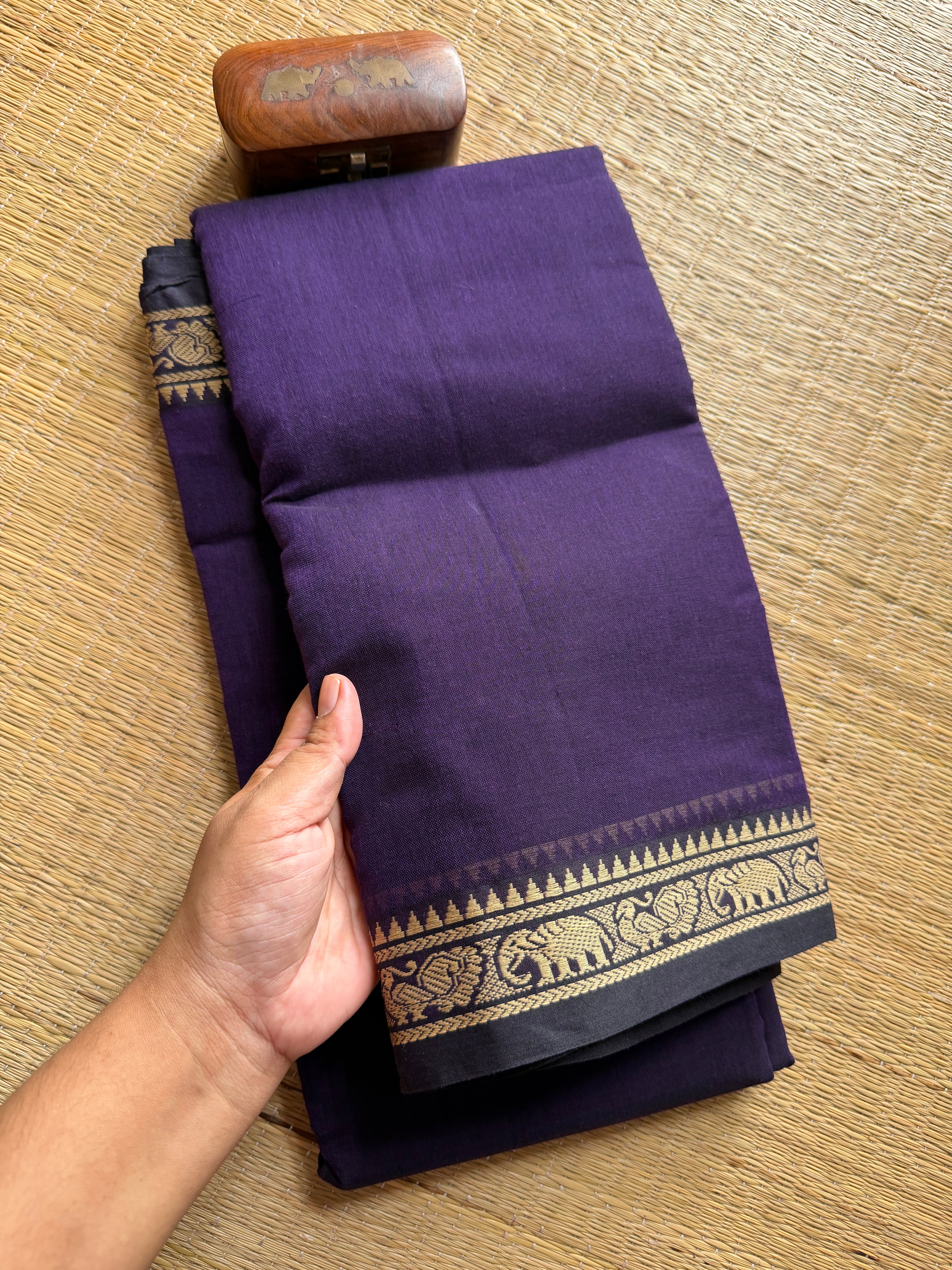 RF317 Monotone deep Purple Mercerised Narayanpet Cotton Saree With Small Annam and elephant pattern border