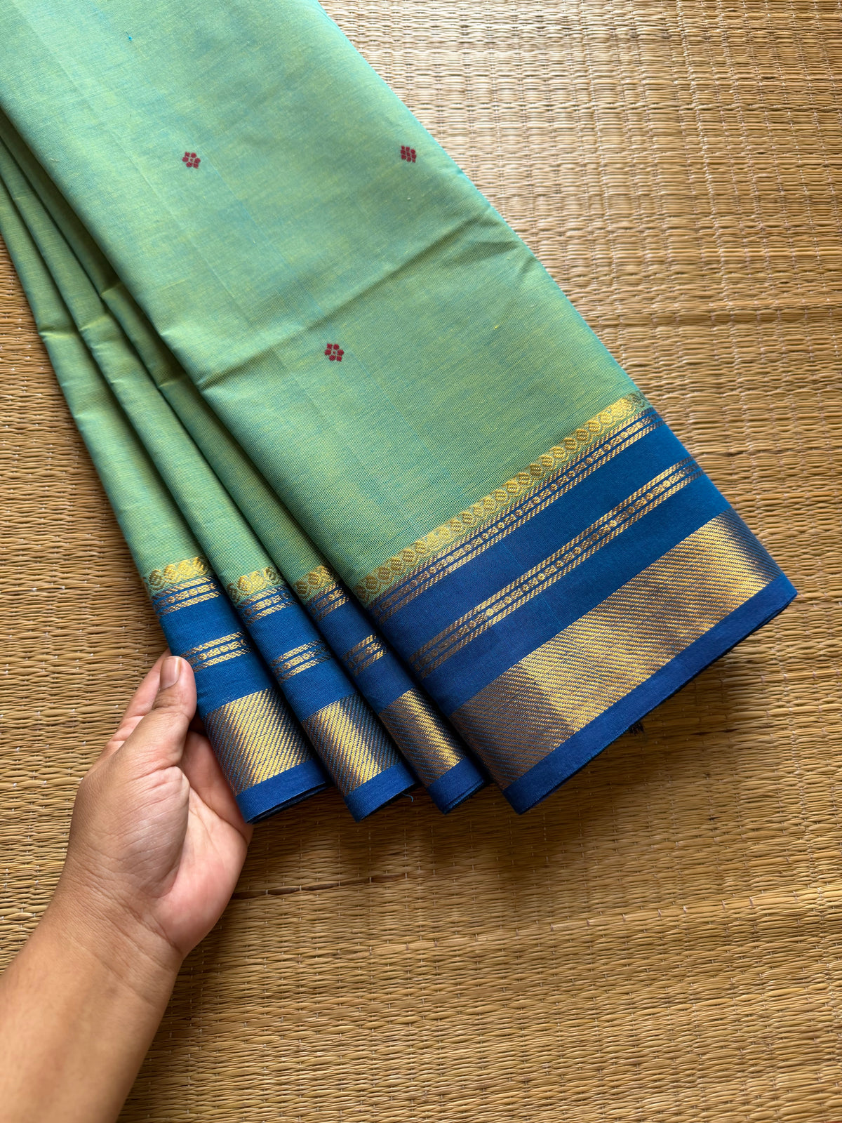 RF650 Dual tone Apple green with blue combination Kanchi cotton saree with handmade thread buttas