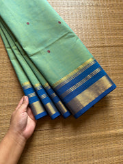 RF650 Dual tone Apple green with blue combination Kanchi cotton saree with handmade thread buttas
