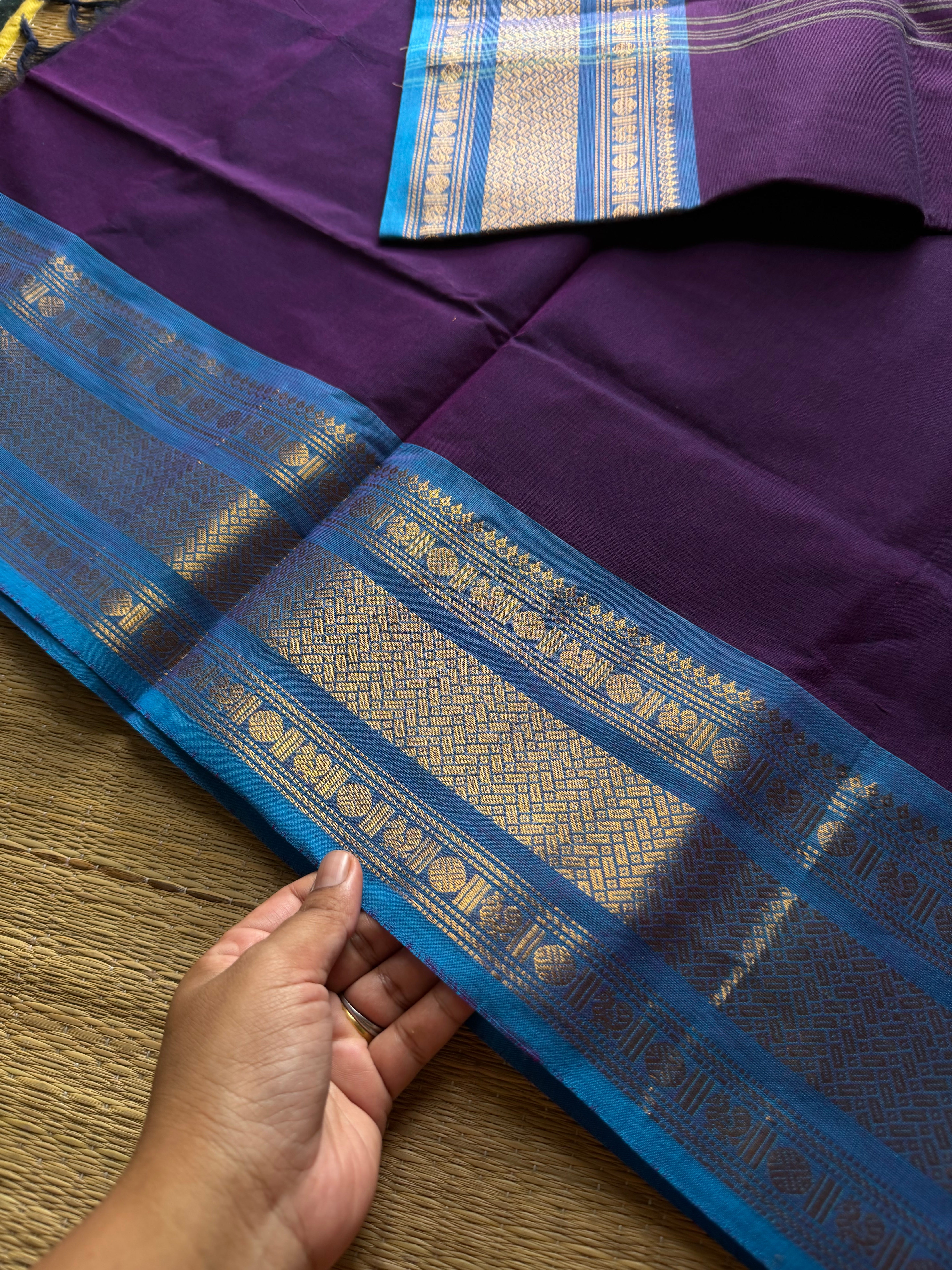 RF879 Silk saree inspired Kanchi cotton saree ~ Purple with sky blue combination