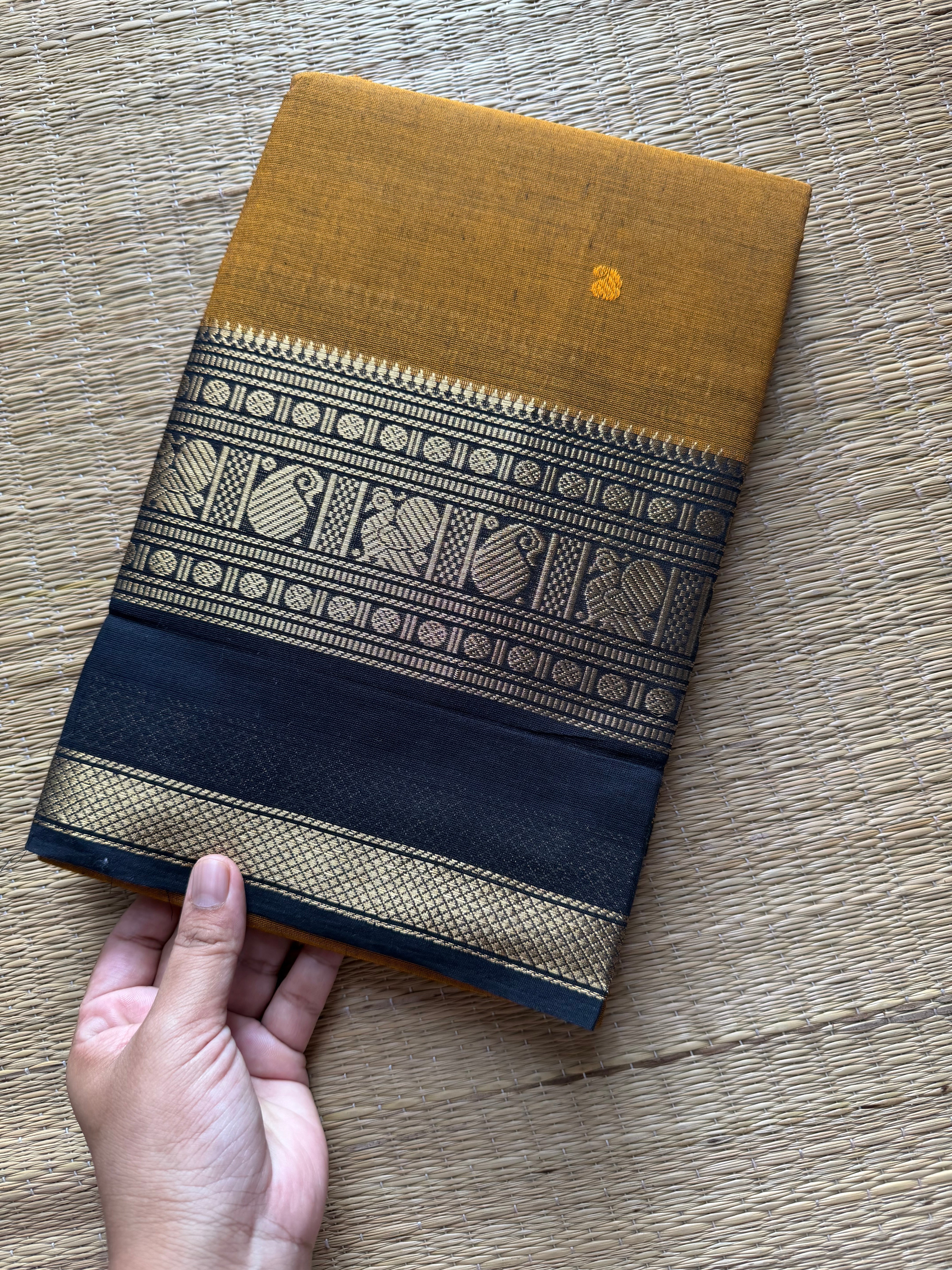 RF288 Mustard with black combination Kanchi cotton saree with Rettapet border and handmade thread buttas