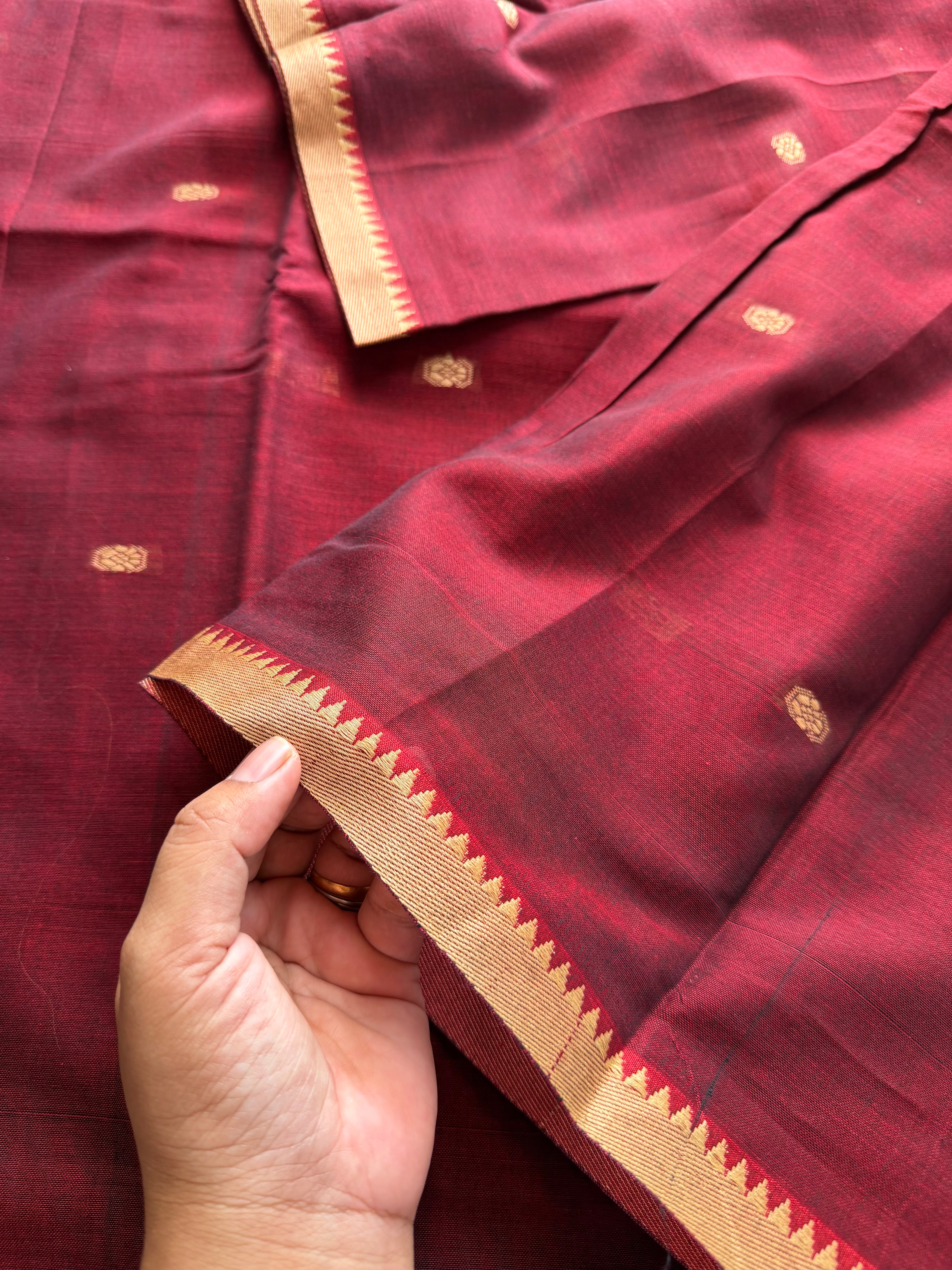 RF253 Maroon Narayanpet small thread border cotton saree with handmade thread buttas