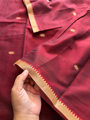 RF253 Maroon Narayanpet small thread border cotton saree with handmade thread buttas