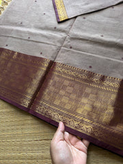 RF656 Dual tone biscuit shade with brown combination Kanchi cotton saree with handmade thread buttas