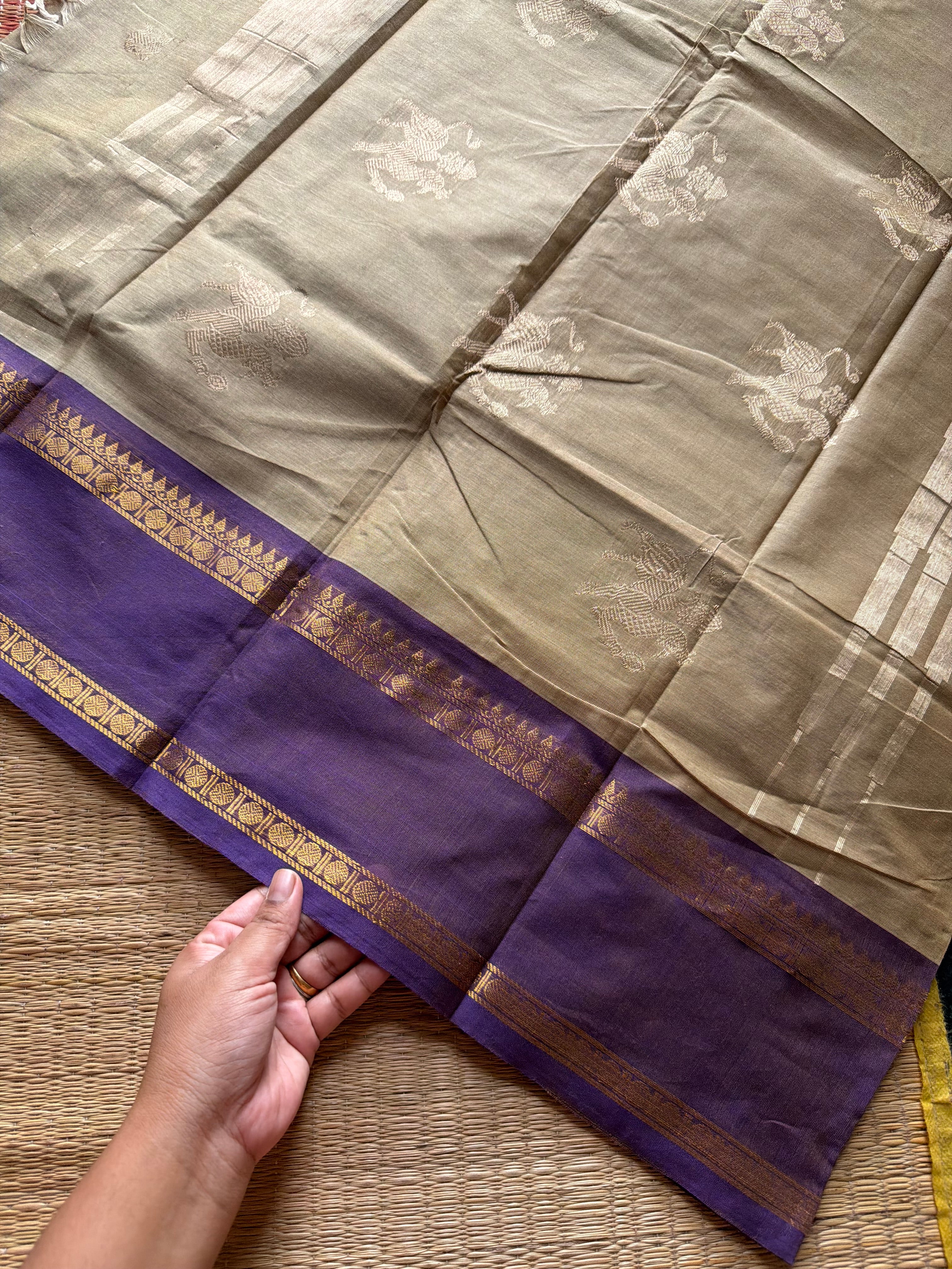 RF1376 Premium 120 count Rich Pallu Kanchi cotton saree with traditional gap border & yazhi pattern buttas ~ Beige shade