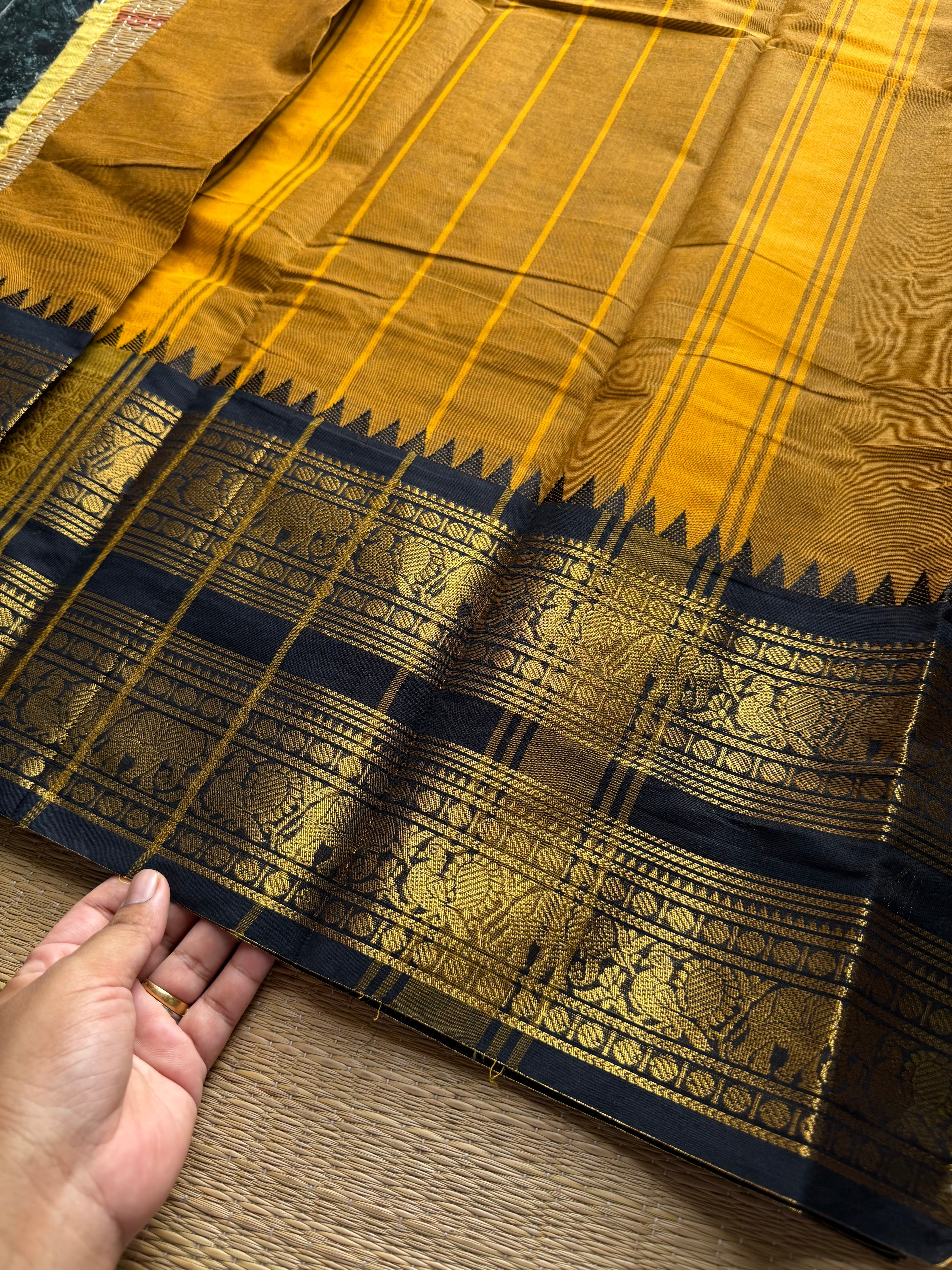 RF1016 Mustard with black combination Kanchi cotton saree with Rettapet border