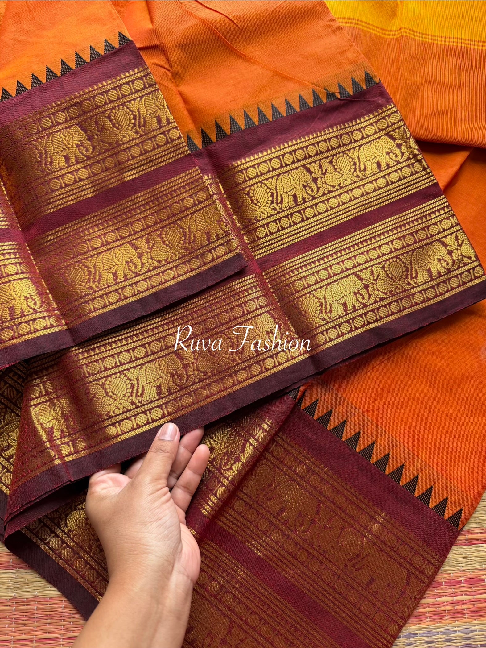 RF37 Orange With Maroon Retta Patta Border Kanchi Cotton Saree - RF37