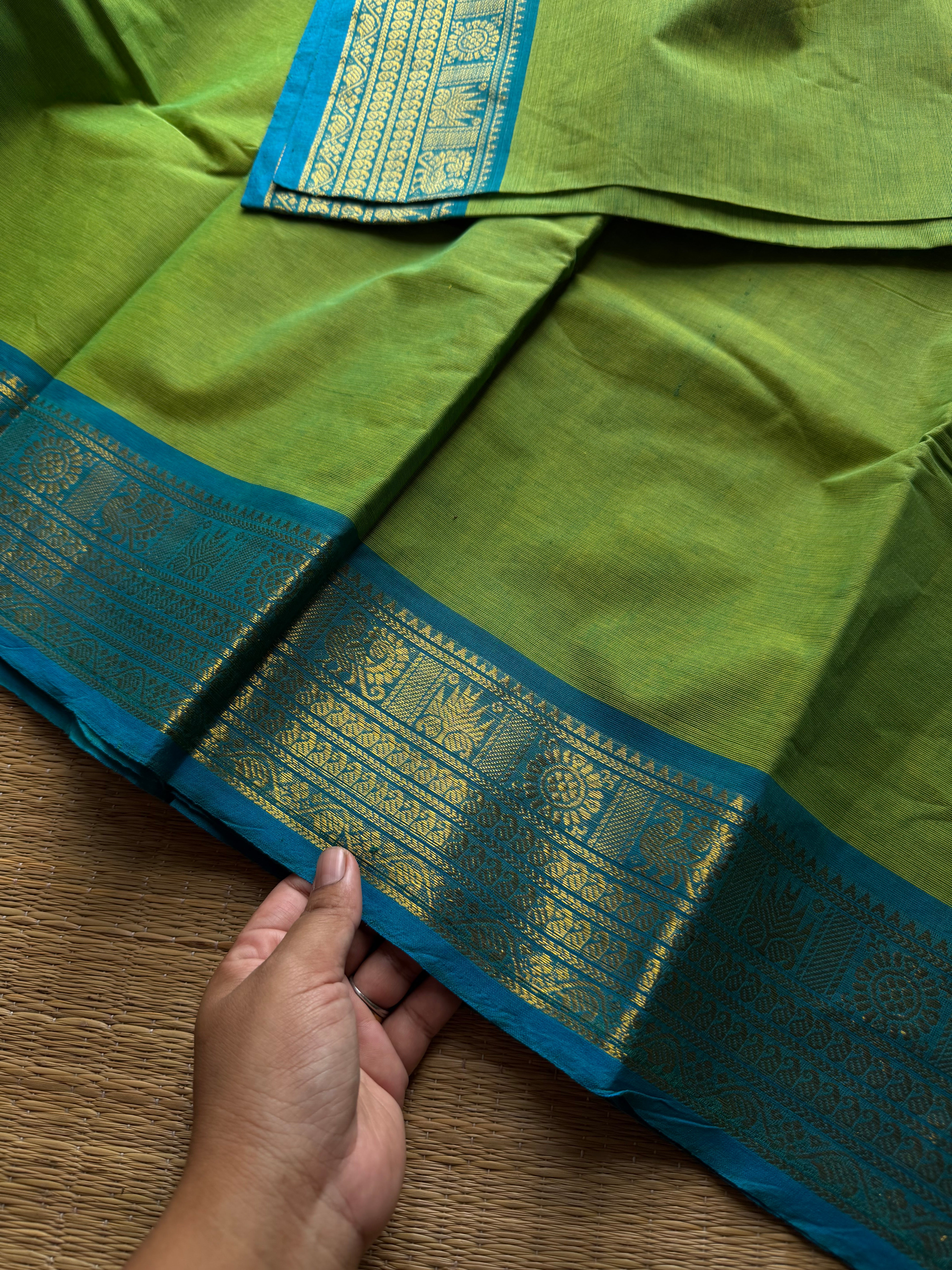 RF974 Green with sky blue combination Kanchi cotton saree with Annam and mango pattern border
