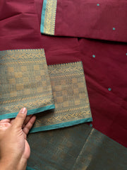 RF649 Dark magenta pink with sky blue combination Kanchi cotton saree with handmade thread buttas