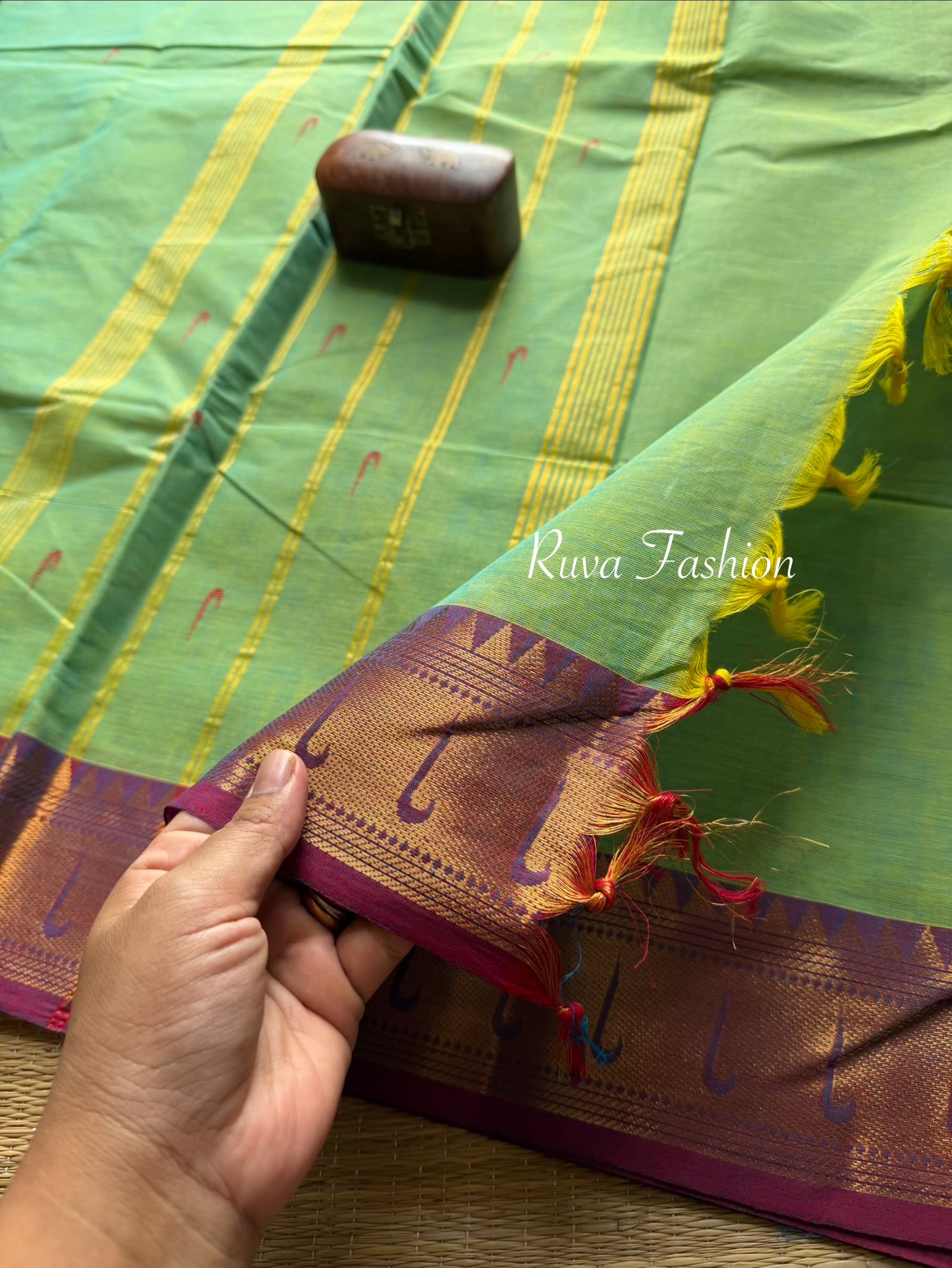 RF44 Turquoise green with purple shade paithani border Kanchi cotton saree with handmade thread buttas