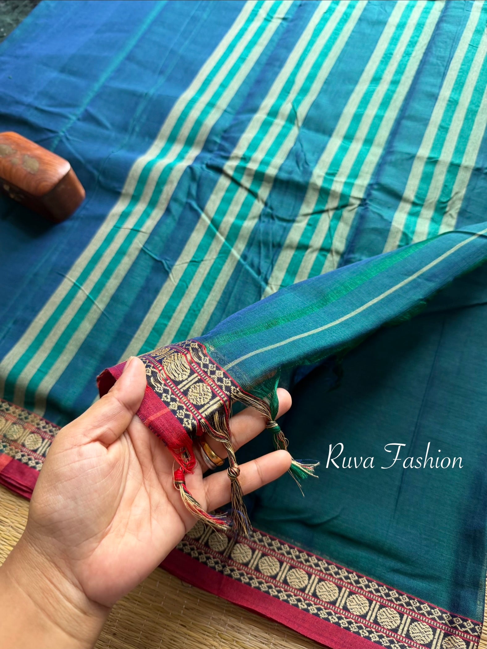 RF101 Peacock Blue Shade Mercerised Narayanpet Cotton Saree With Small Contrast Border