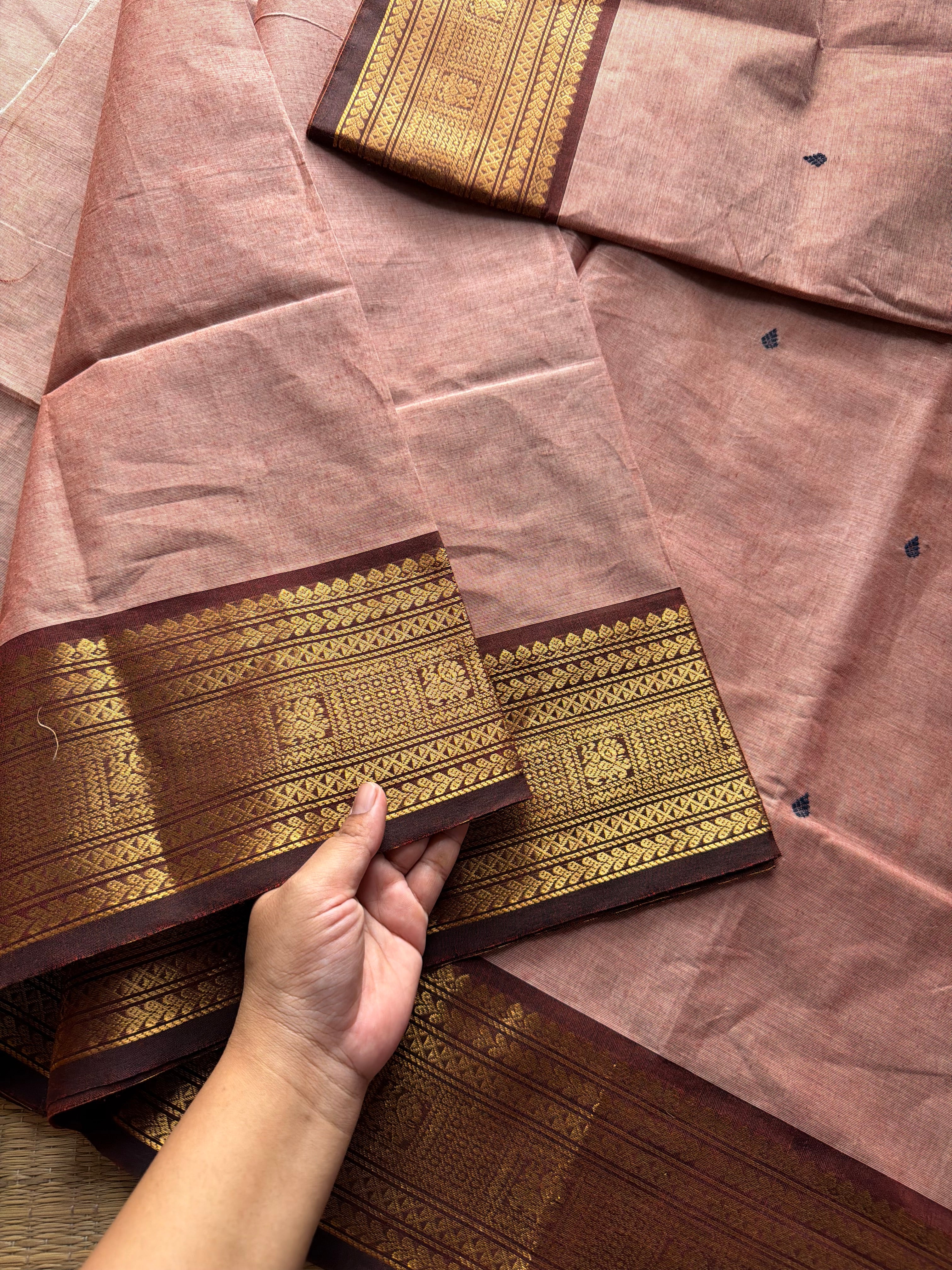 Beige with brown combination Kanchi cotton saree with handmade thread buttas