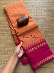 Dark mango shade with contrast pink vintage border Podi Kattam Kanchi cotton saree