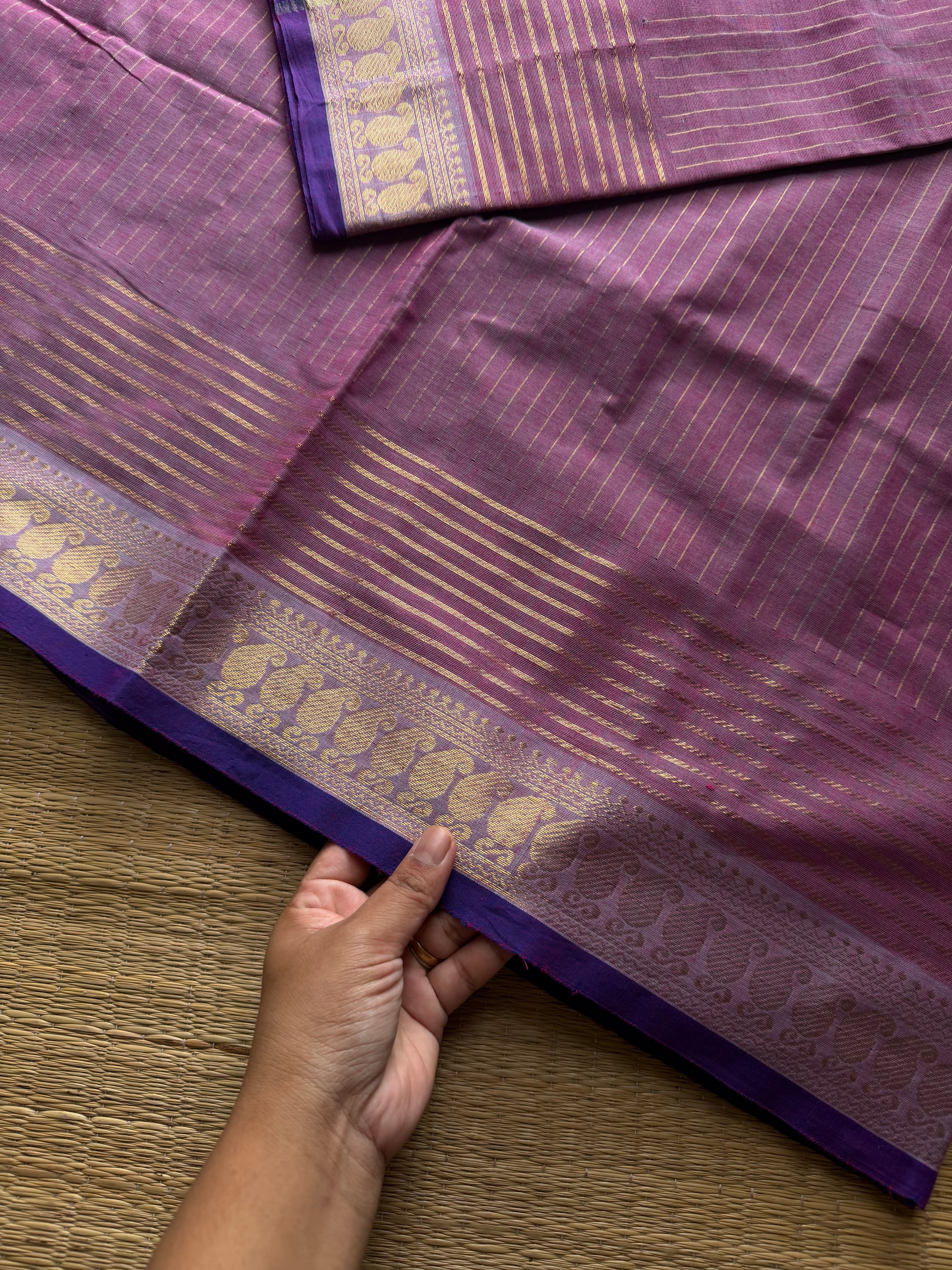 RF1255 Lilac Flower shade ~ Premium Vaira Oosi Kanchi cotton saree with contrast small border