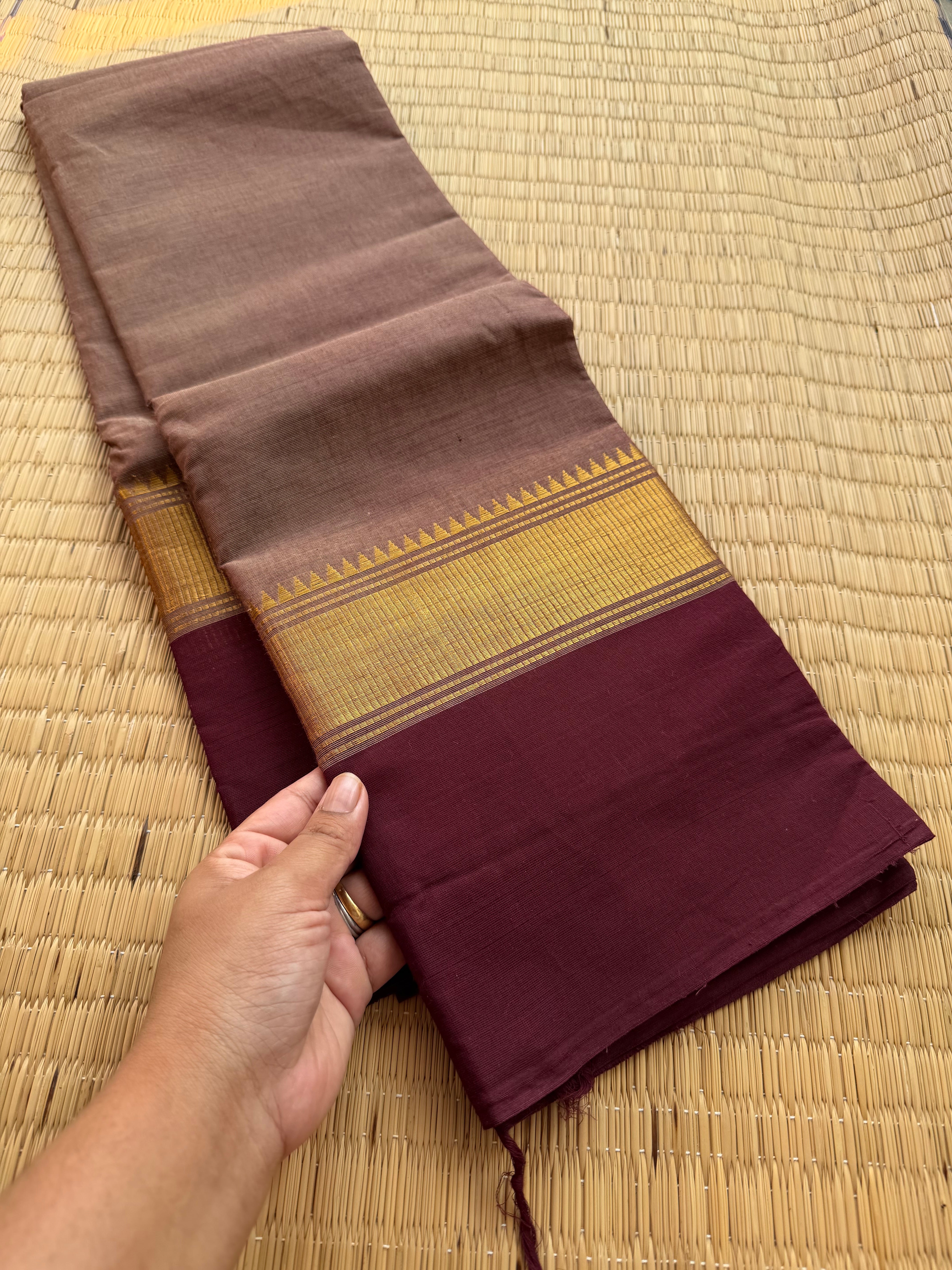 RF176 Biscuit shade with contrast maroon combination Kanchi cotton saree