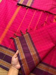 RF461 Rani Pink shade Soft Kanchi cotton Kattam / checks pattern saree with contrast purple combination thread border