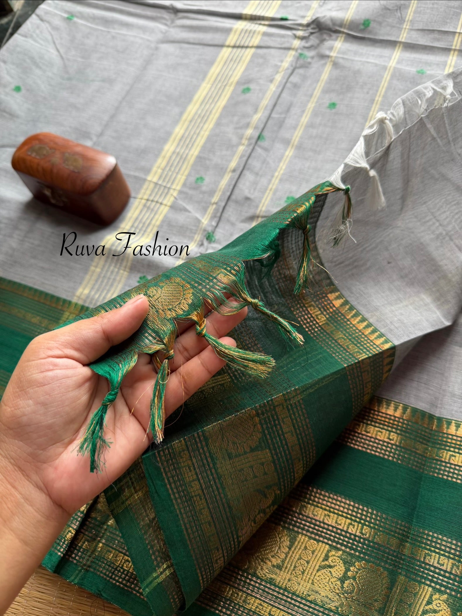 RF107 Grey With contrast Green combination Kanchi cotton saree with Handmade thread buttas