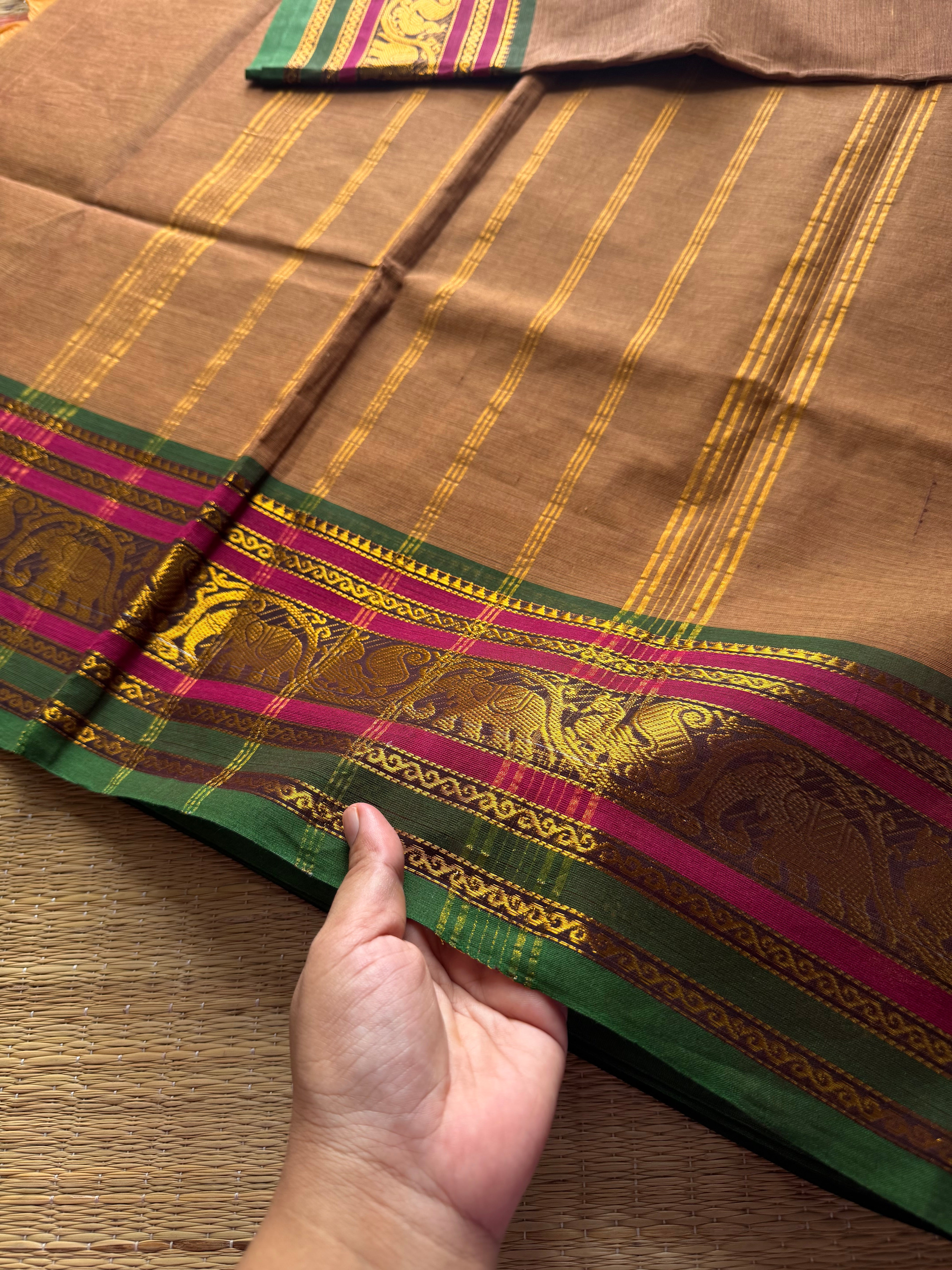 RF398 Dual tone earth Brown Shade Kanchi Cotton Saree with multi color contrast border