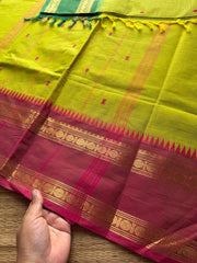 RF290 Dual tone parrot green shade Kanchi cotton saree with Ganga Jamuna Rettapet Border & Handmade thread buttas