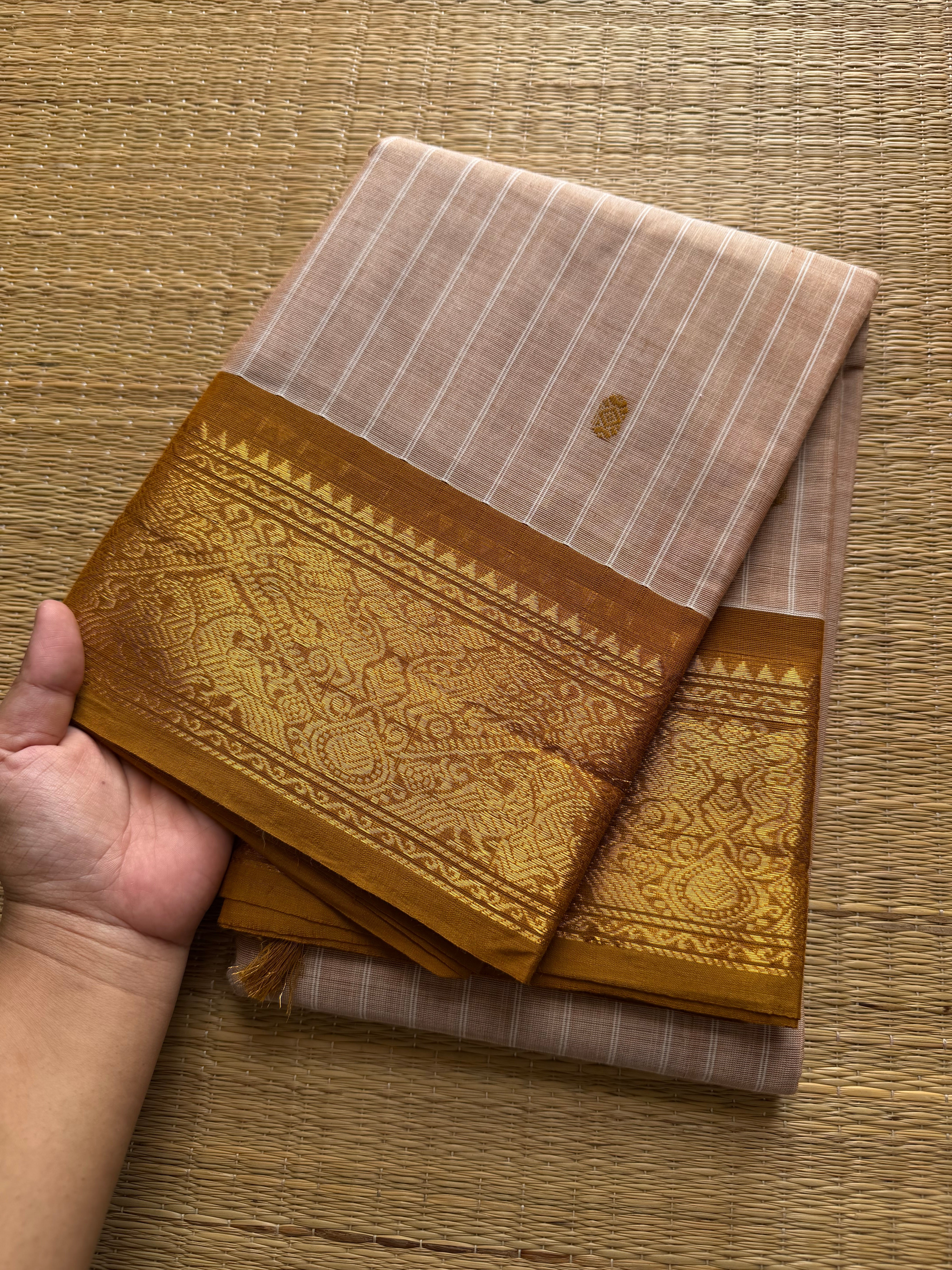 RF432 Premium Kanchi Cotton Saree in Beige and Mustard | Striped Pattern with Handmade Thread Buttas and Vanasingaram Border