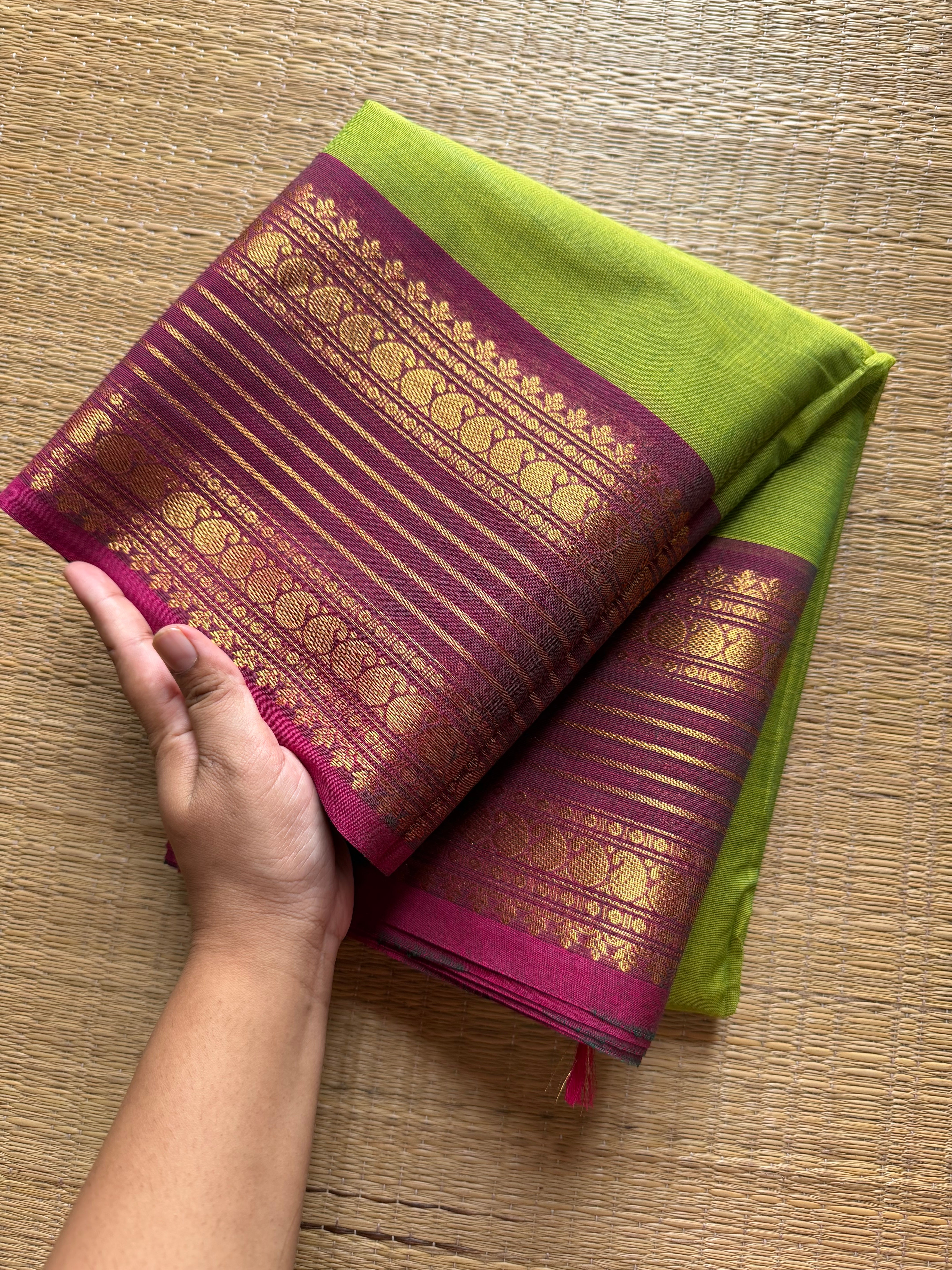RF535 Dual tone Apple green with pink combination Kanchi cotton saree with unique border
