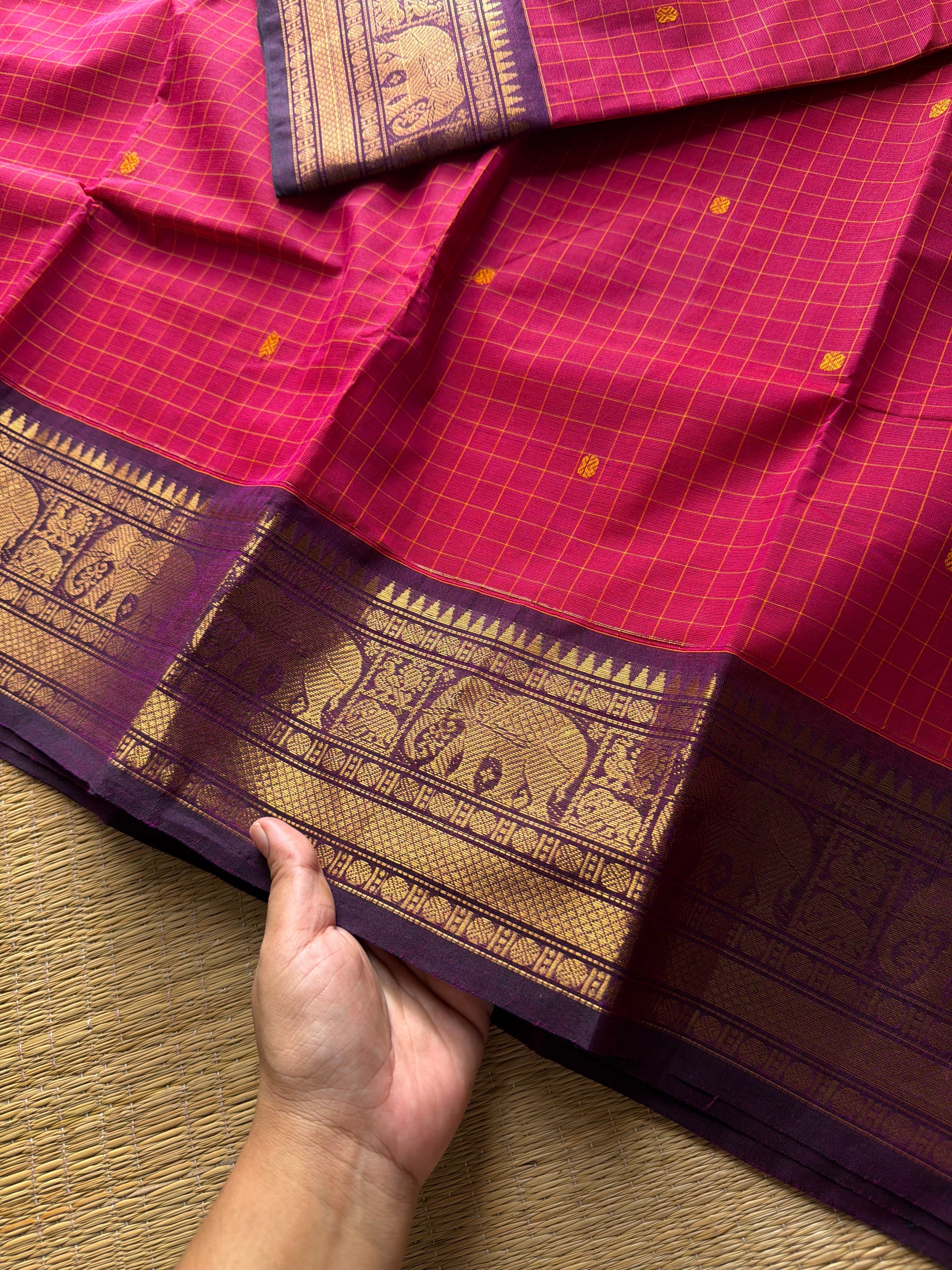 RF736 Kattam edition ~ Magenta pink shade Kanchi cotton saree with checks pattern & handmade thread buttas