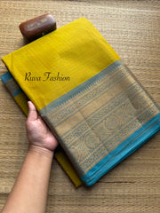 RF95 Dual tone yellow with sky blue border combination Kanchi cotton saree with checks / Kattam pattern