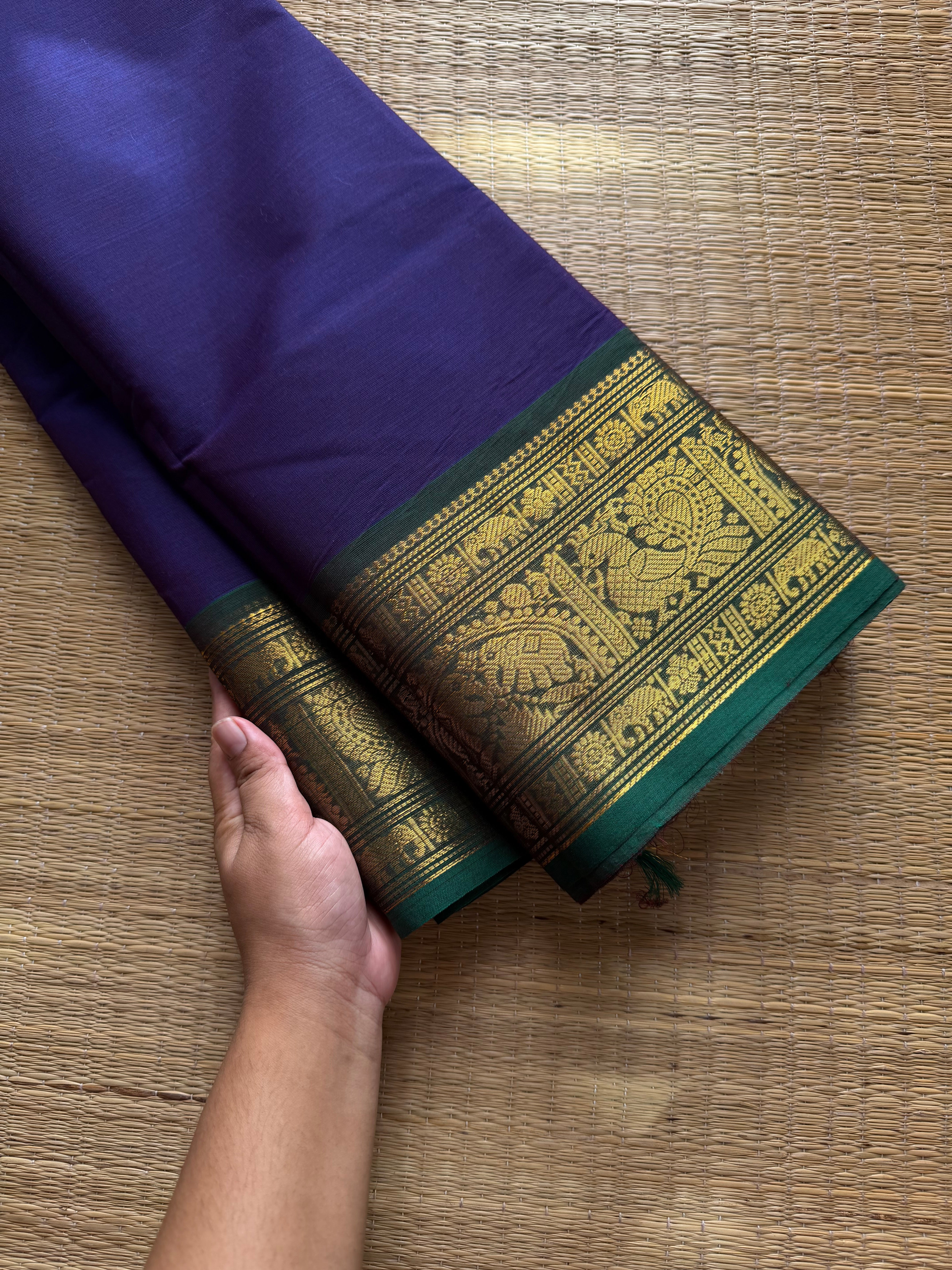 RF677 Violet with green combination Kanchi cotton saree with silk saree inspired Annam and elephant pattern border