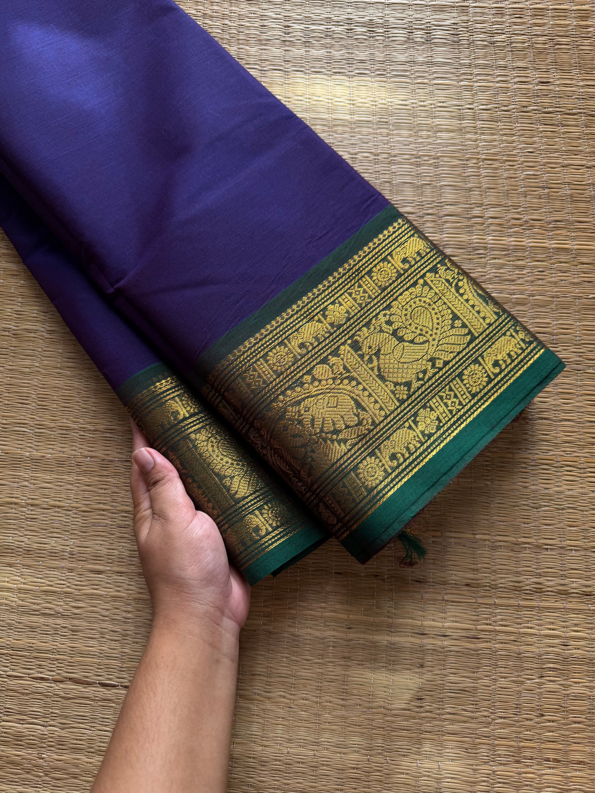 RF677 Violet with green combination Kanchi cotton saree with silk saree inspired Annam and elephant pattern border