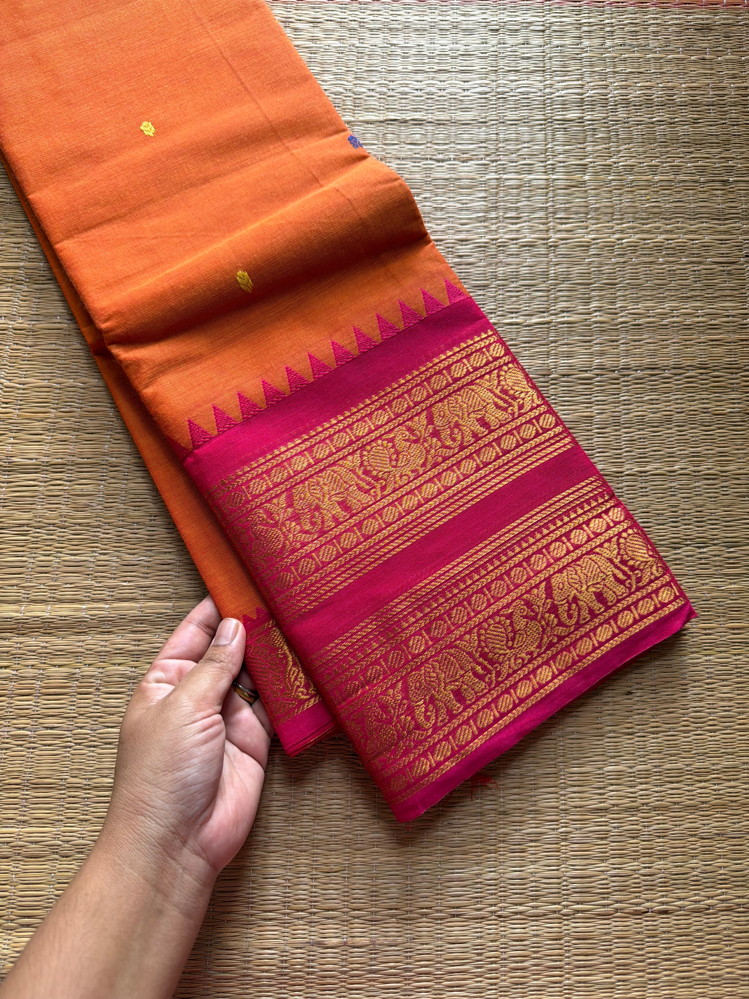 Orange with pink combination Kanchi cotton saree with Retta pet border and handmade thread buttas