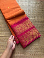 Orange with pink combination Kanchi cotton saree with Retta pet border and handmade thread buttas