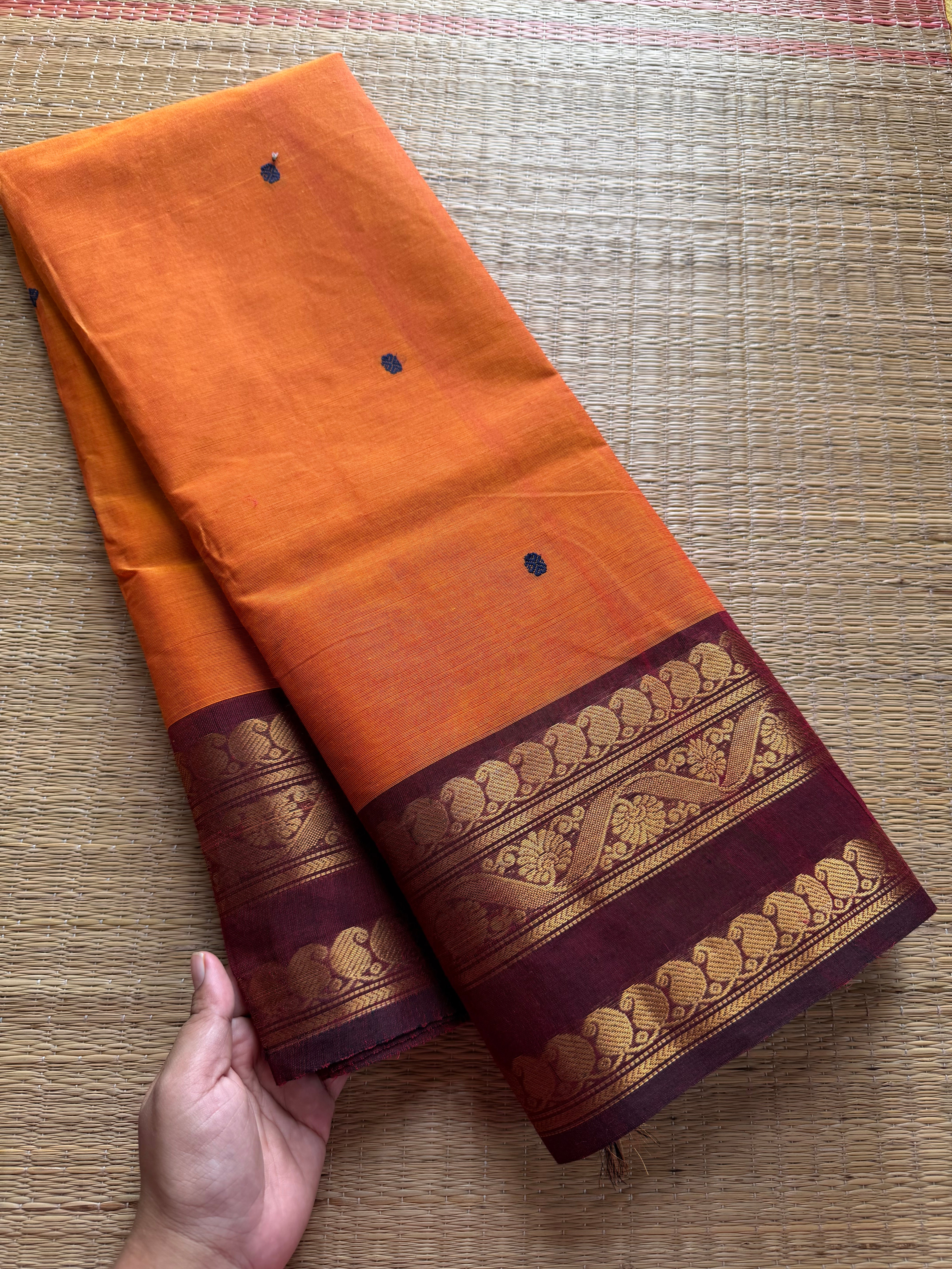 RF371 Orange with contrast maroon combination mango and floral pattern border Kanchi cotton saree with handmade Buttas