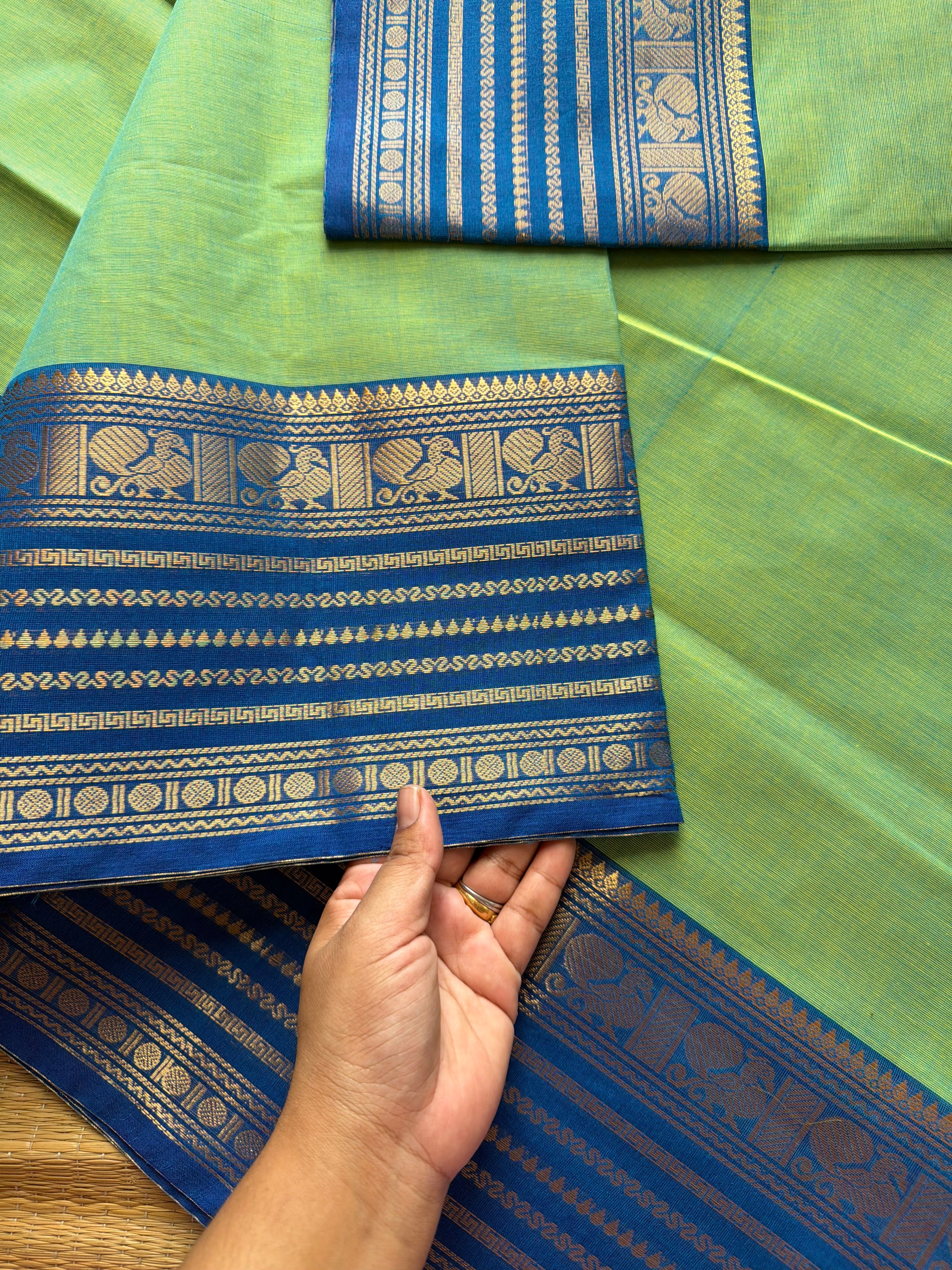 Dual tone Apple green with blue combination Kanchi cotton saree with Varisaipet Border