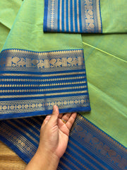 Dual tone Apple green with blue combination Kanchi cotton saree with Varisaipet Border