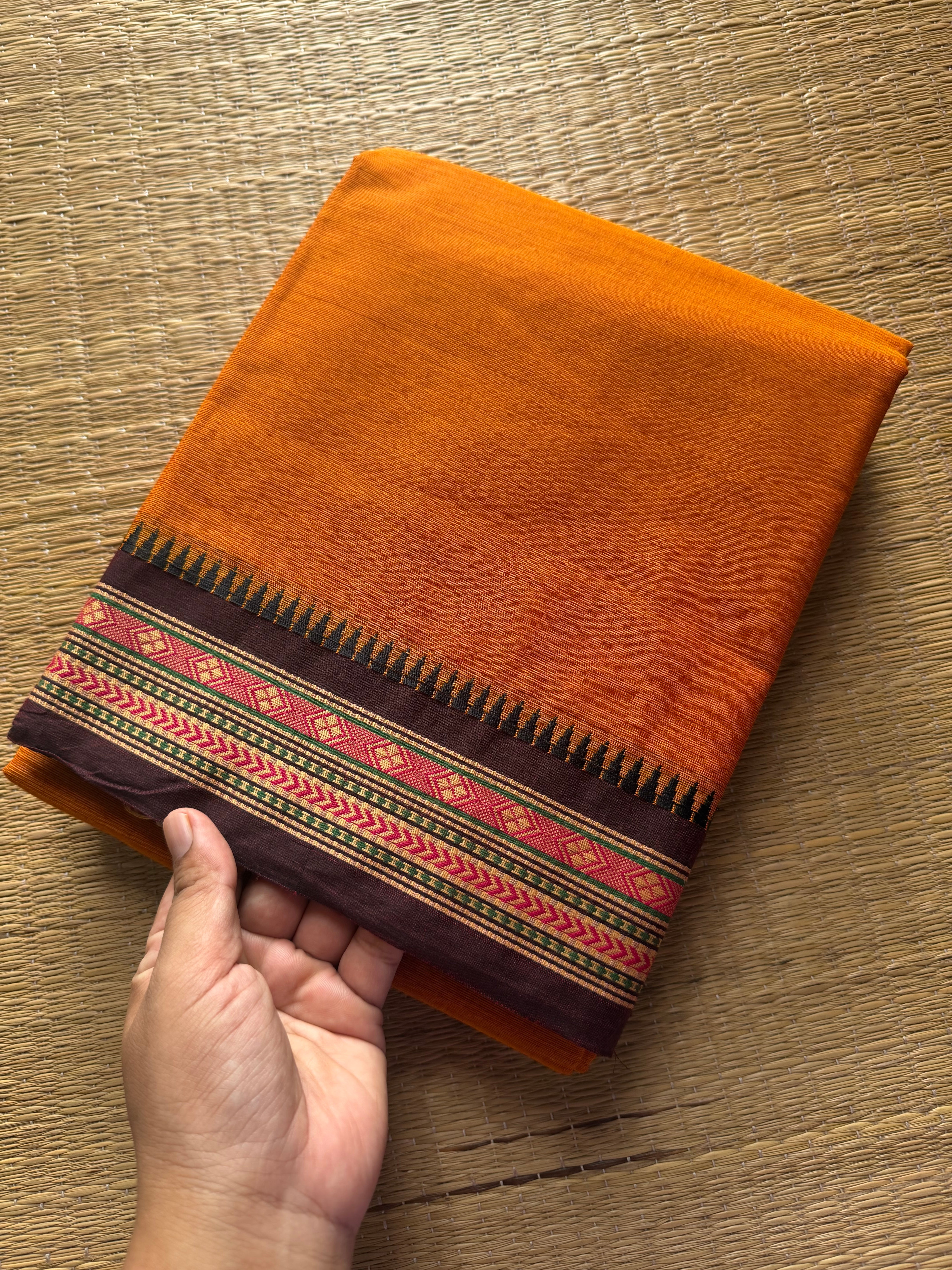 RF394 Orange shade thread border soft Kanchi cotton saree
