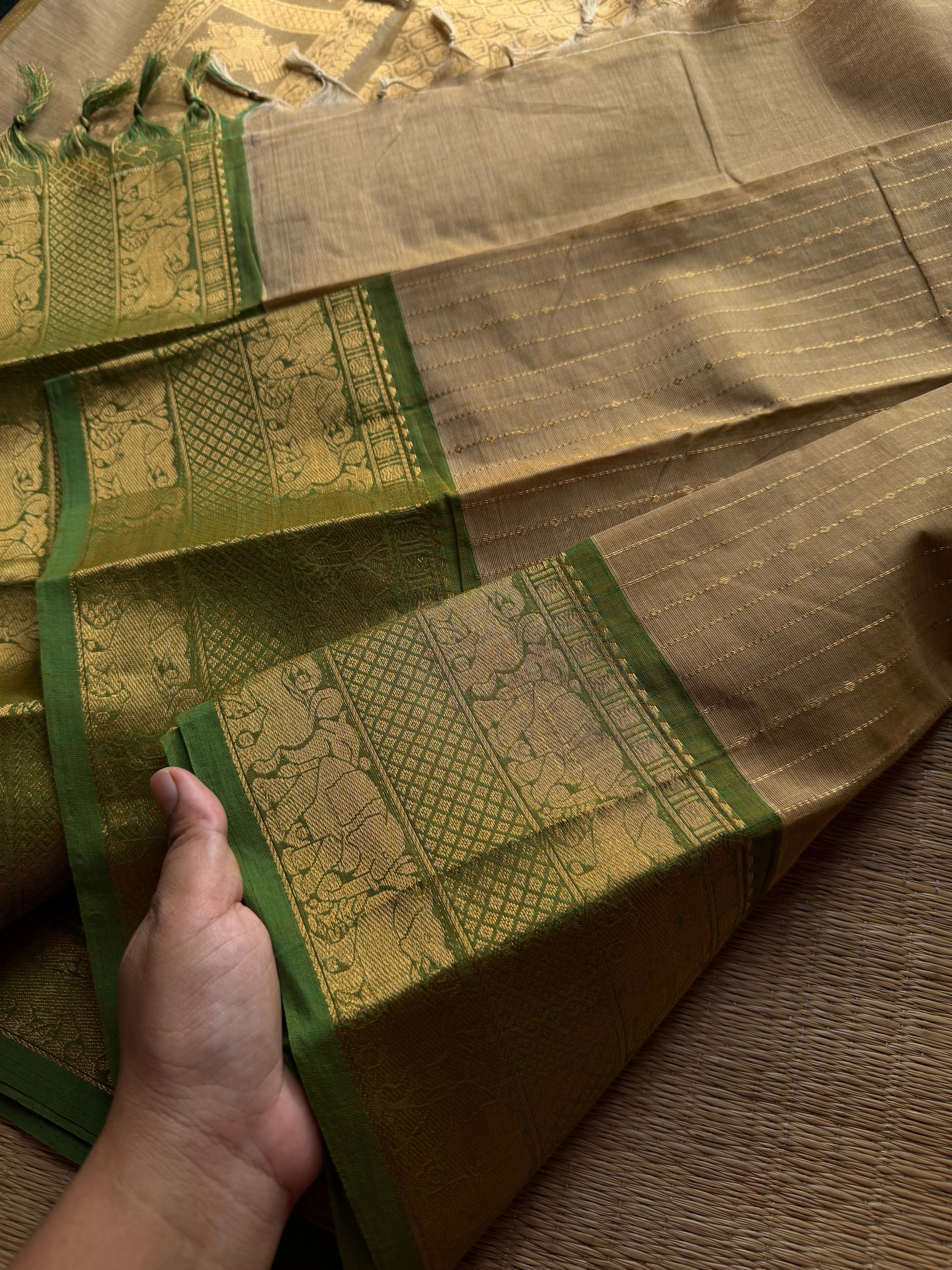 RF1384 Premium Rich Pallu Kanchi cotton saree with Vairaoosi weaving & Yazhi pattern pattern ~ Beige with green