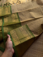 RF1384 Premium Rich Pallu Kanchi cotton saree with Vairaoosi weaving & Yazhi pattern pattern ~ Beige with green