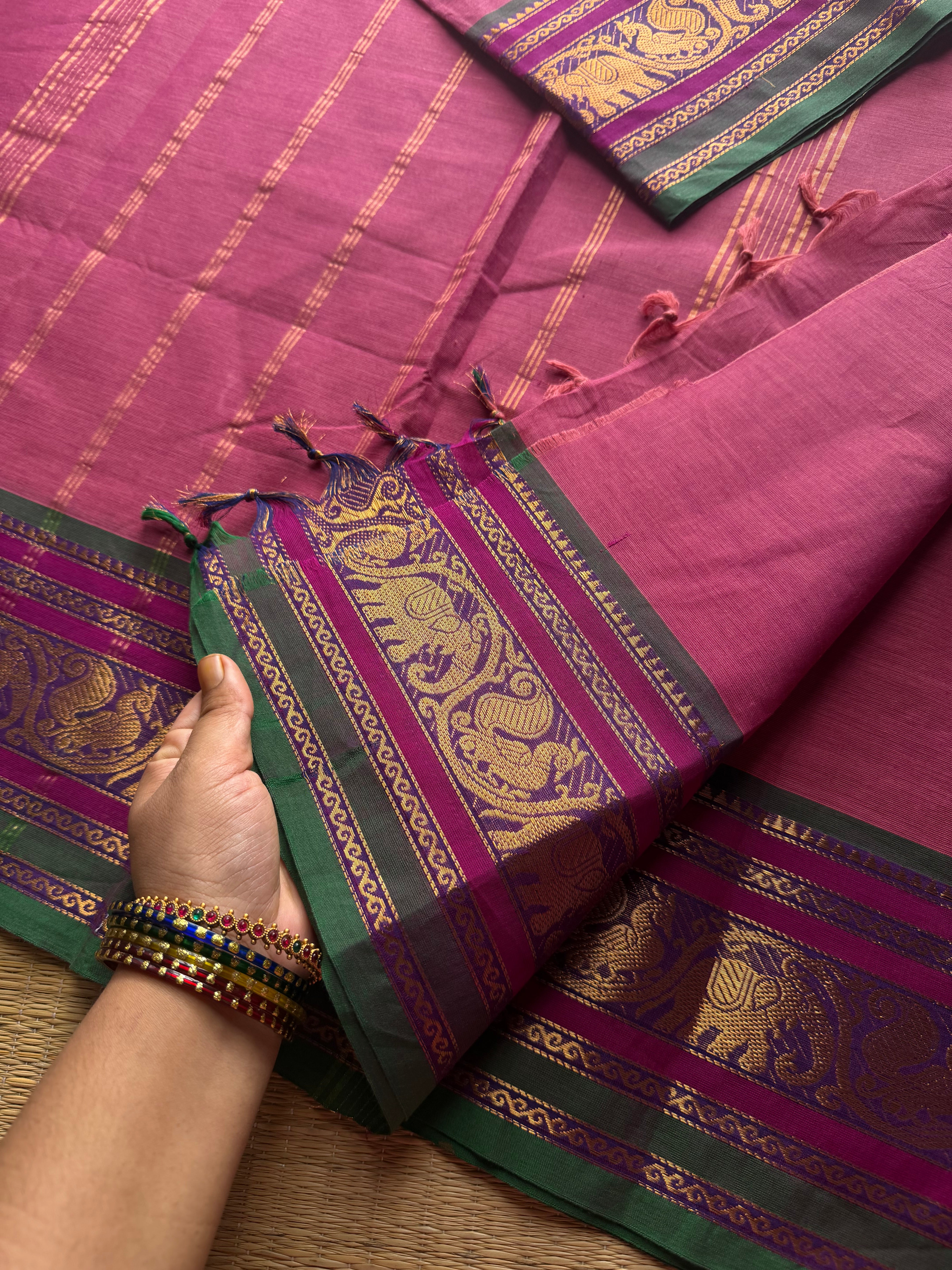 RF590 Silk saree inspired Kanchi cotton saree with Annam and elephant pattern ~ Pink Shade