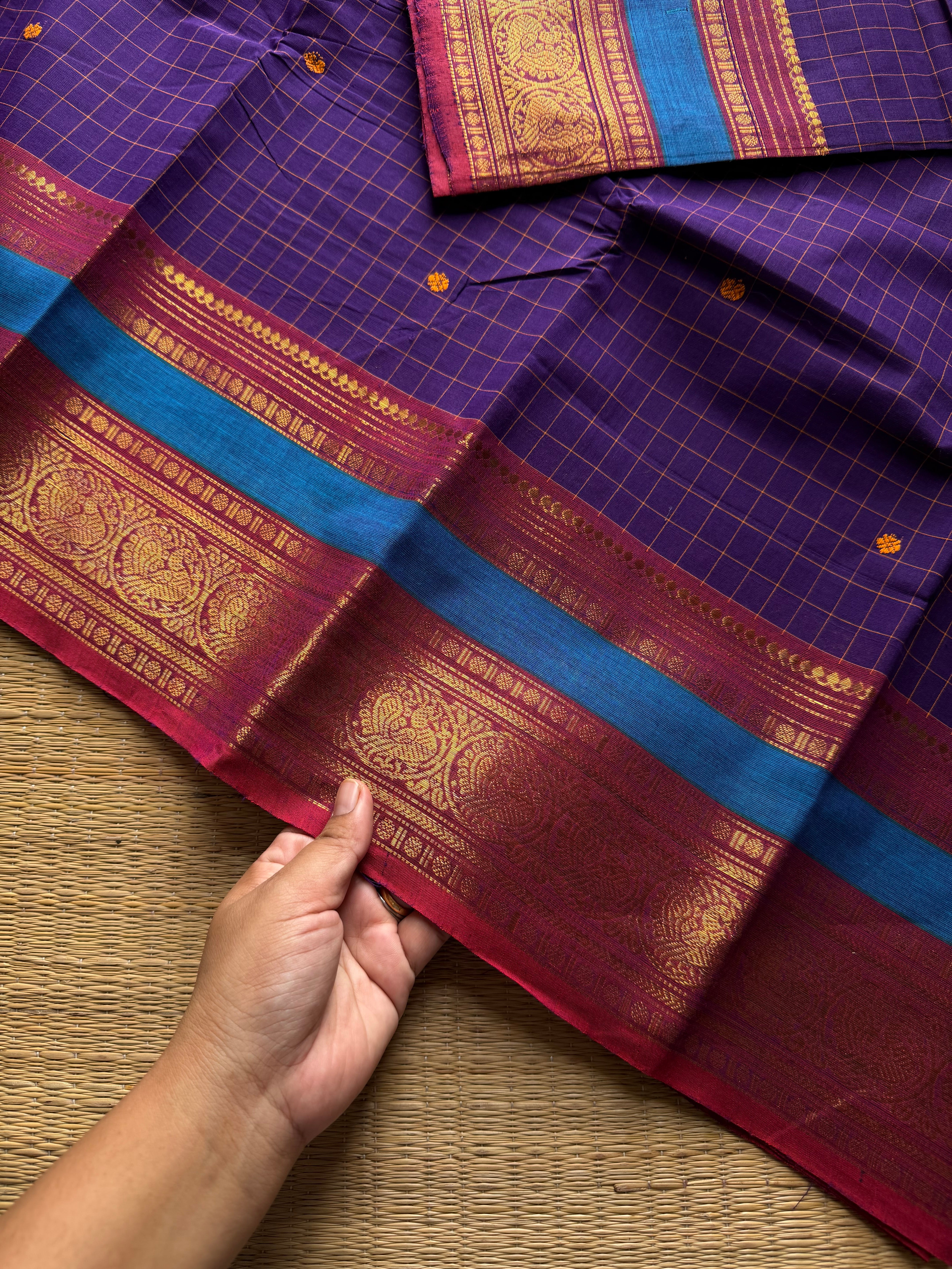 RF1239 Purple & blue mixed shade ~ vintage Kattam Kanchi cotton saree with handmade thread buttas