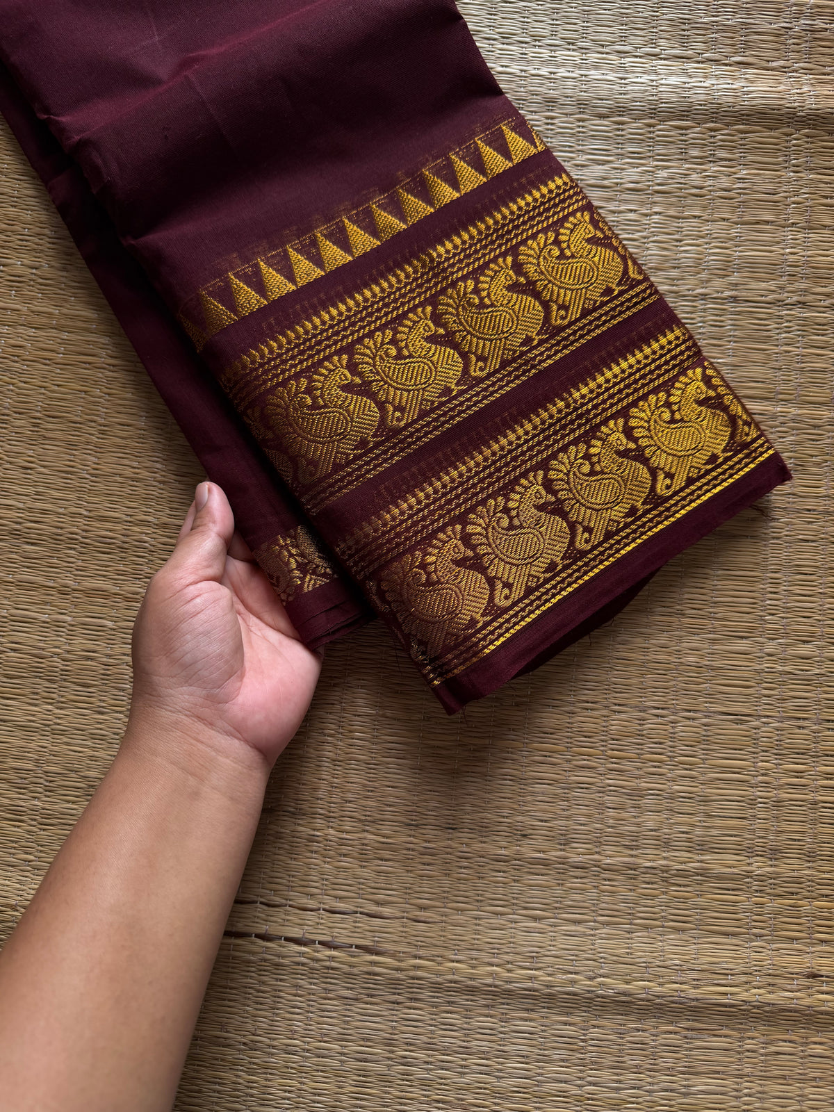 RF1115 Dark maroon Rettapet border Kanchi cotton saree