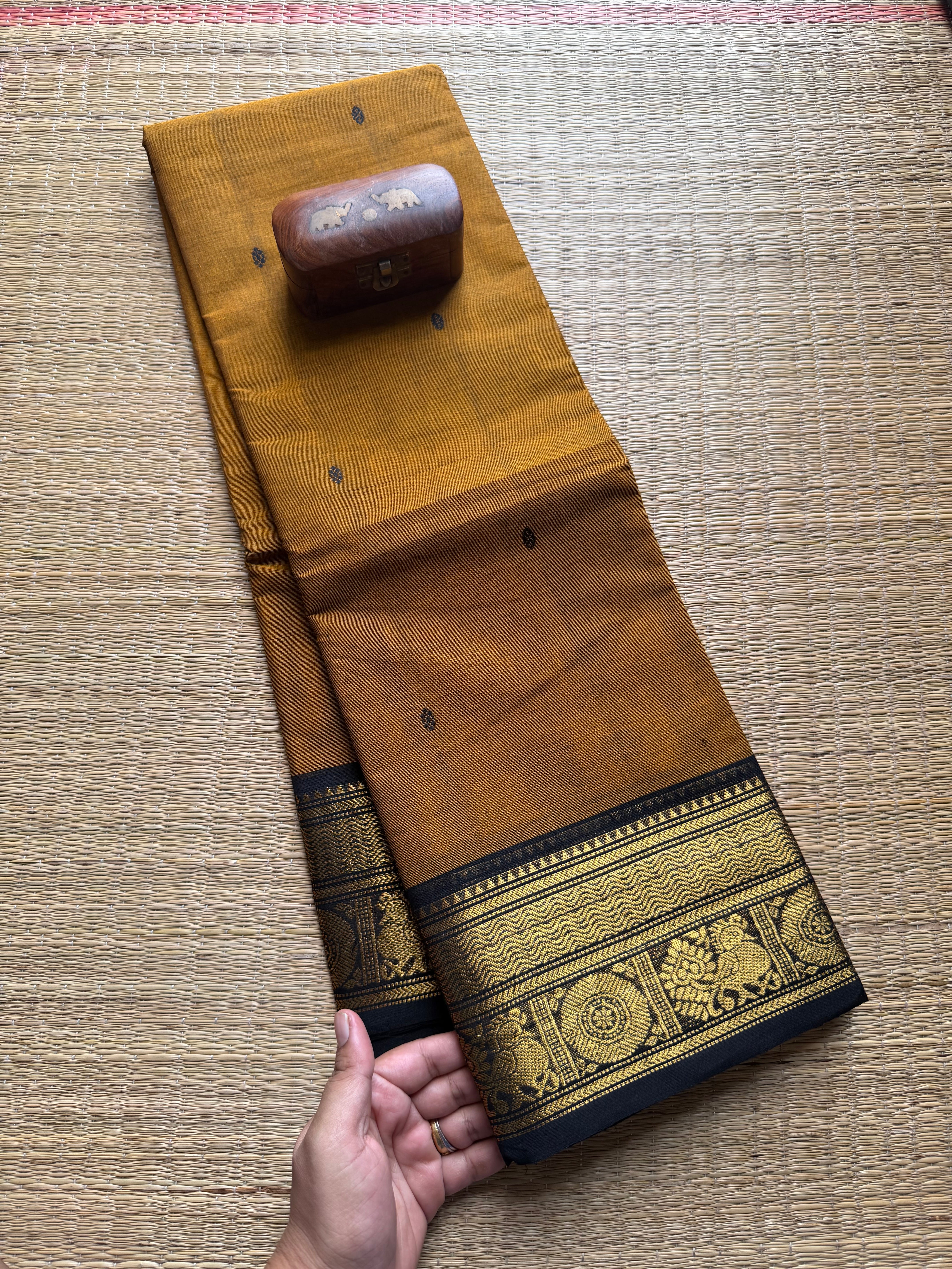 Mustard With Black Kanchi Cotton Saree With Handmade Thread Buttas