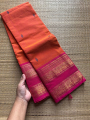 RF201 Orange with pink combination Rettapet border Kanchi cotton saree with handmade thread buttas