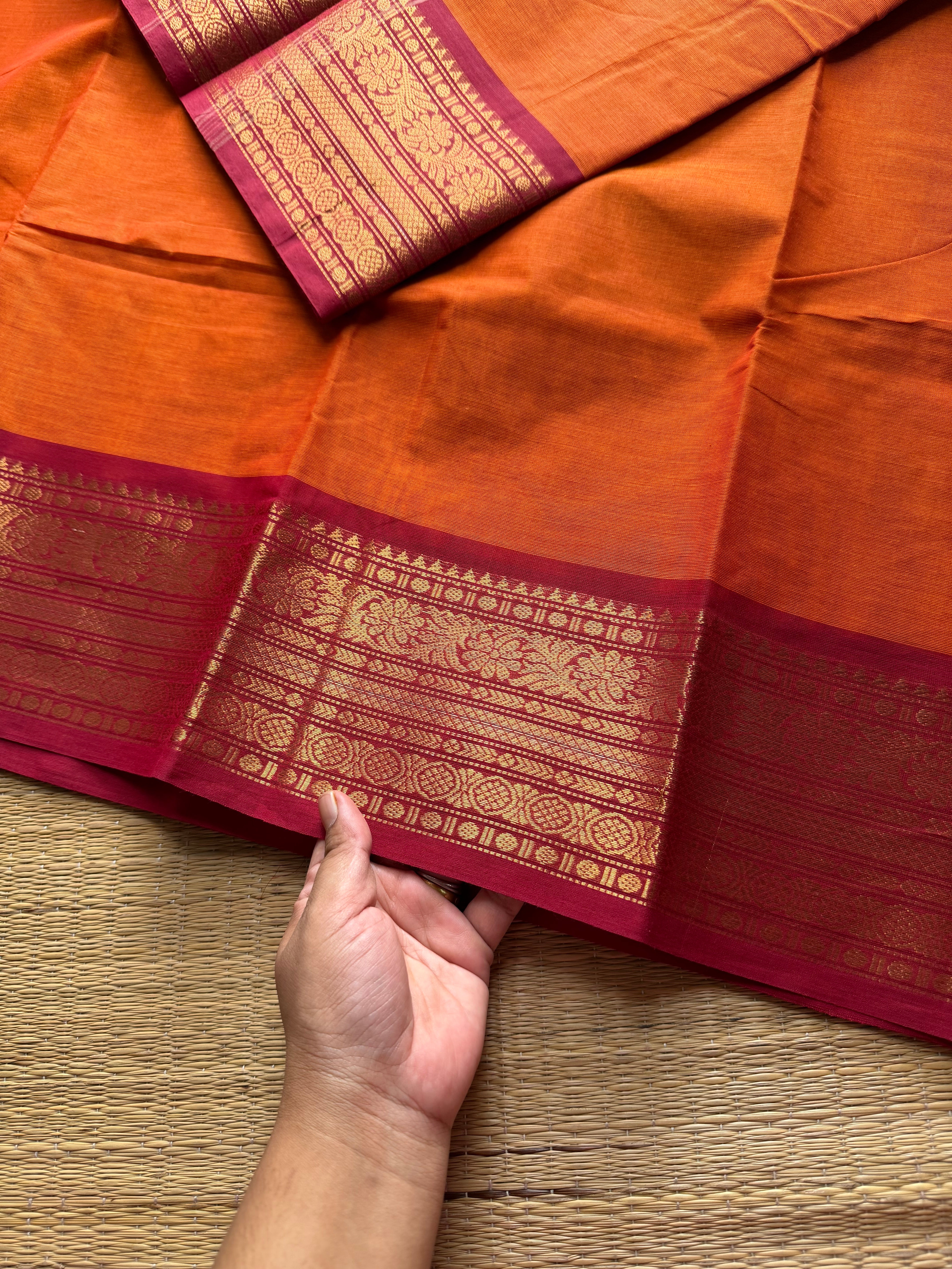 RF600 Orange with maroon combination Kanchi cotton saree