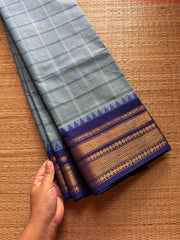 Dual tone ice blue shade Kanchi cotton Kattam / checks pattern saree with hand made Zari buttas