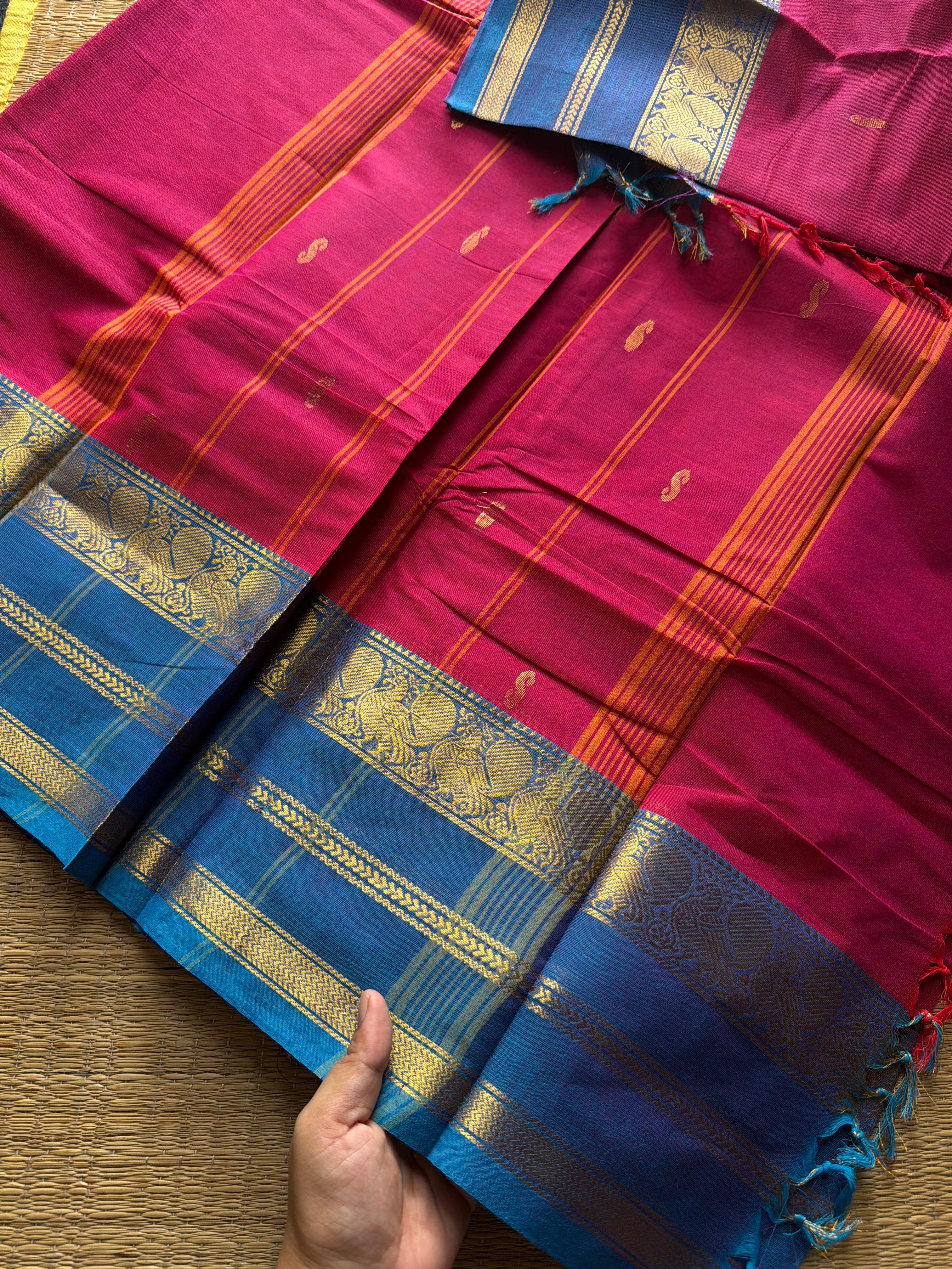 RF417 Magenta pink with sky blue combination Kanchi cotton saree with handmade Buttas