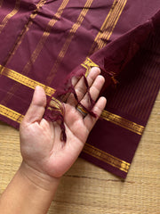 RF1002 Monotone Dark Maroon shade Kanchi cotton saree Vaira Oosi thread vertical lines pattern with vintage Rettapet border