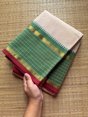 RF377 Cream with green combination vintage border Kattam / checks pattern Kanchi cotton saree